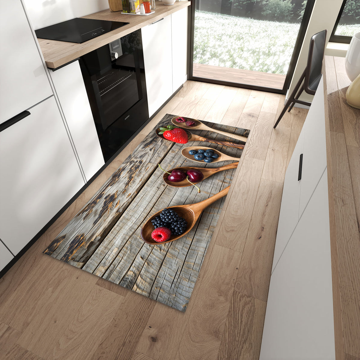 Waschbarer Küchenläufer mit Motiv Holzlöffel mit Beeren für Ordnung in moderner Küche