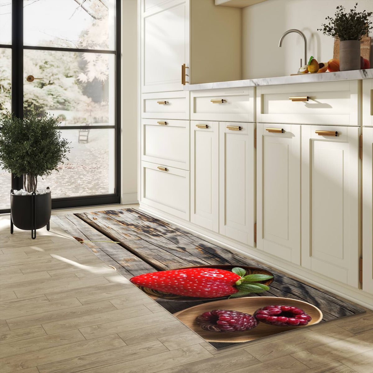 Komfortabler Küchenläufer mit Motiv Holzlöffel mit Beeren in heller Küche