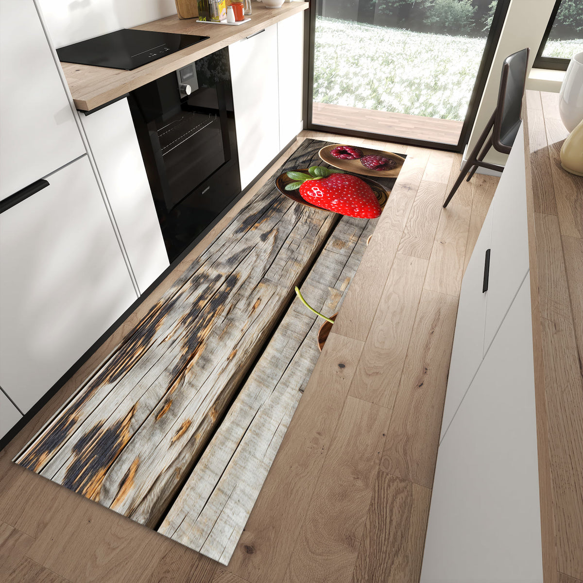 Feuchtigkeitsresistenter Teppichläufer mit Motiv Holzlöffel mit Beeren in moderner Küche