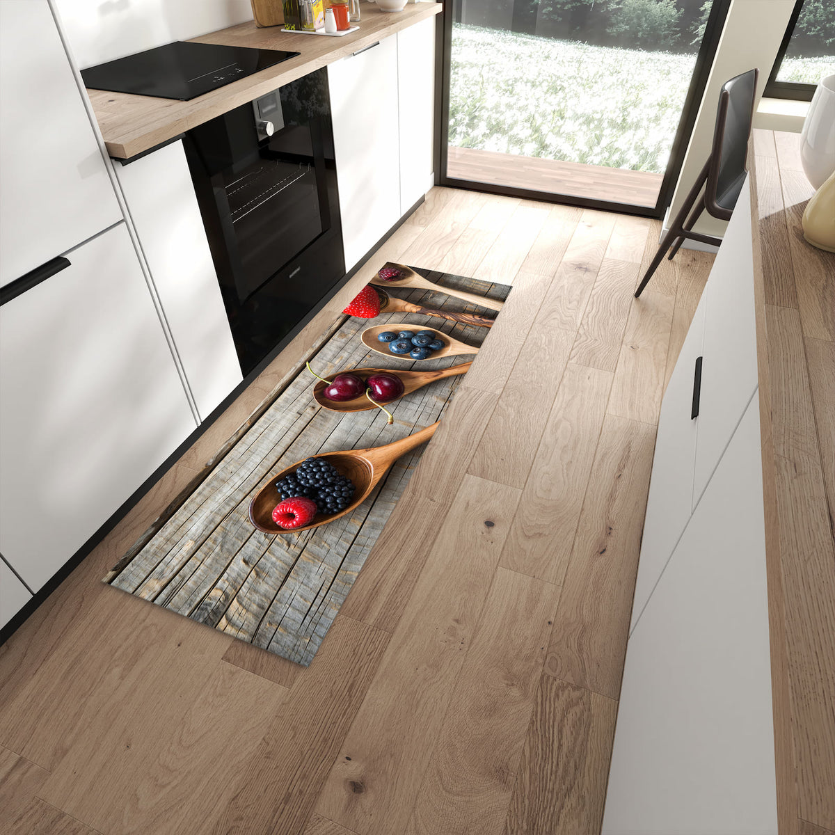 Pflegeleichter Küchenläufer mit Motiv Holzlöffel mit Beeren in moderner Küche