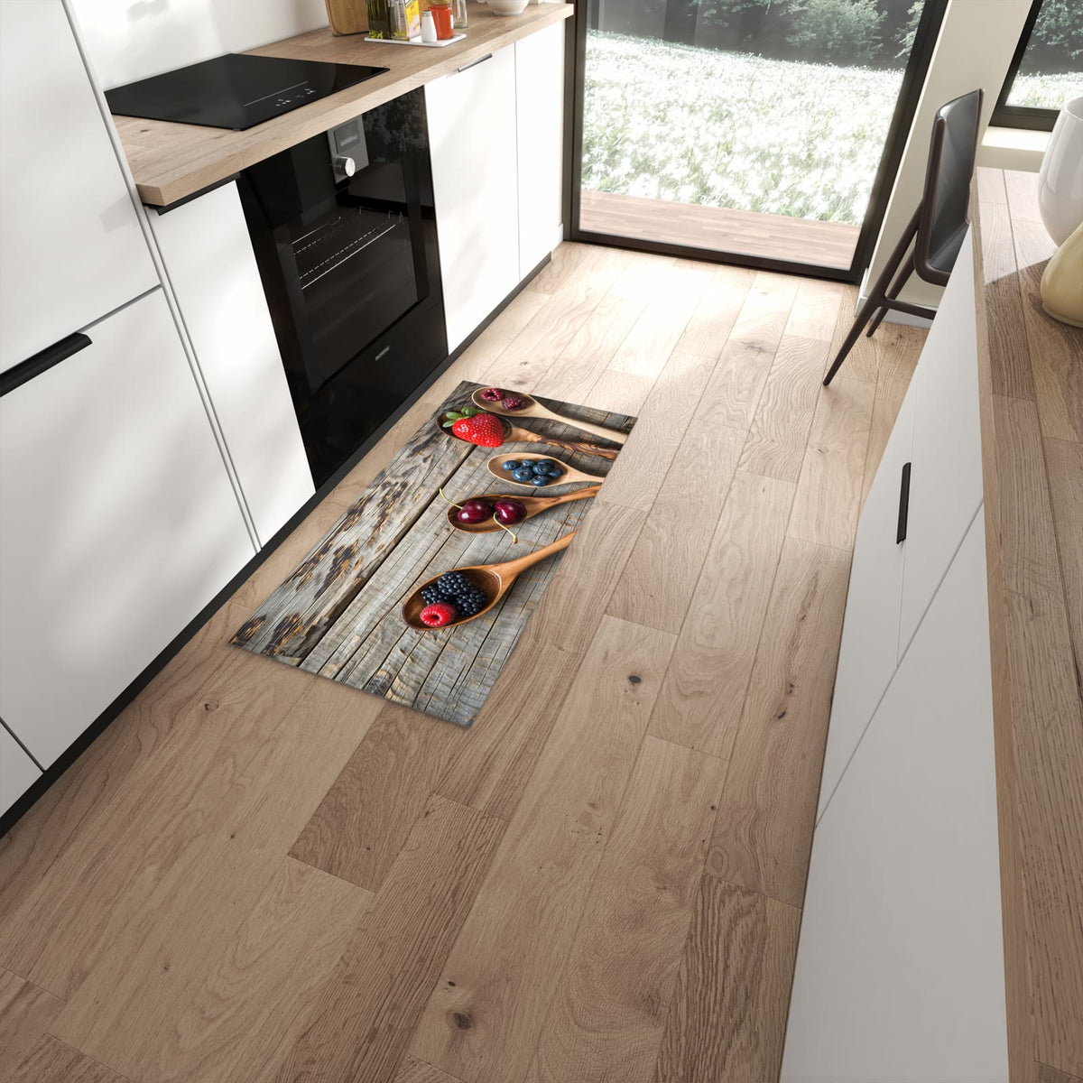 Komfortabler Küchenteppich mit Motiv Holzlöffel mit Beeren in moderner Küche #grösse_60 x 120 cm