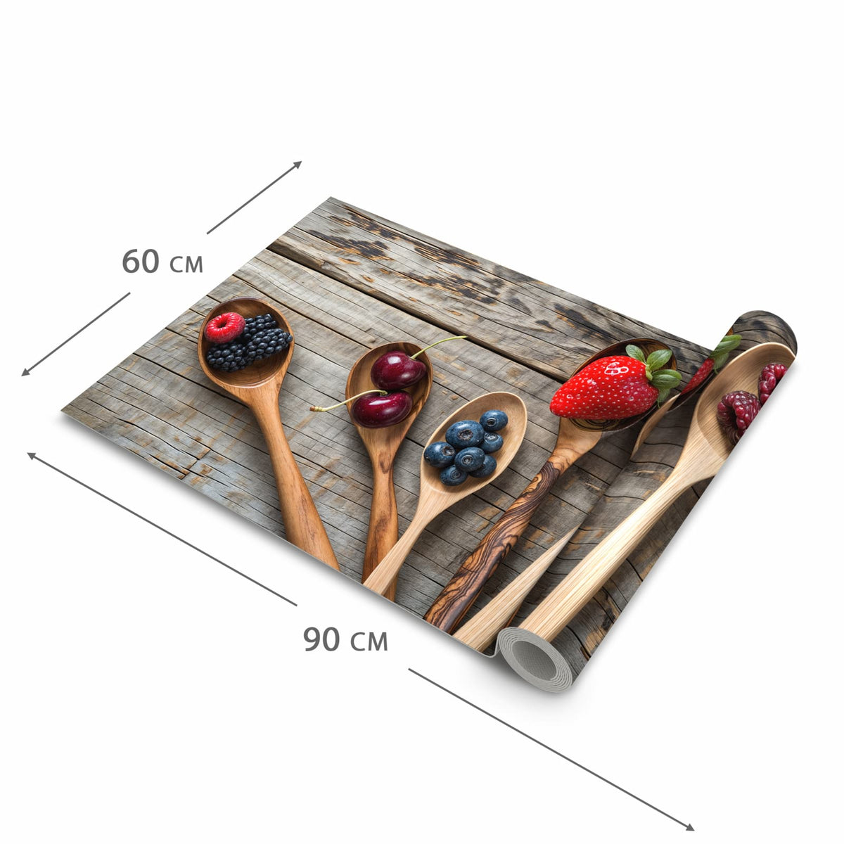 Strapazierfähiger Bodenläufer mit Motiv Holzlöffel mit Beeren in der Grösse 80x300 cm