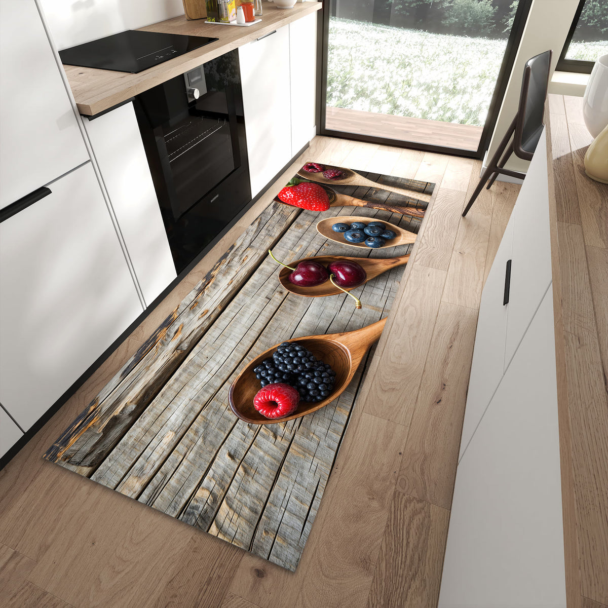 Bodenschonender langer Teppich mit Motiv Holzlöffel mit Beeren in moderner Küche