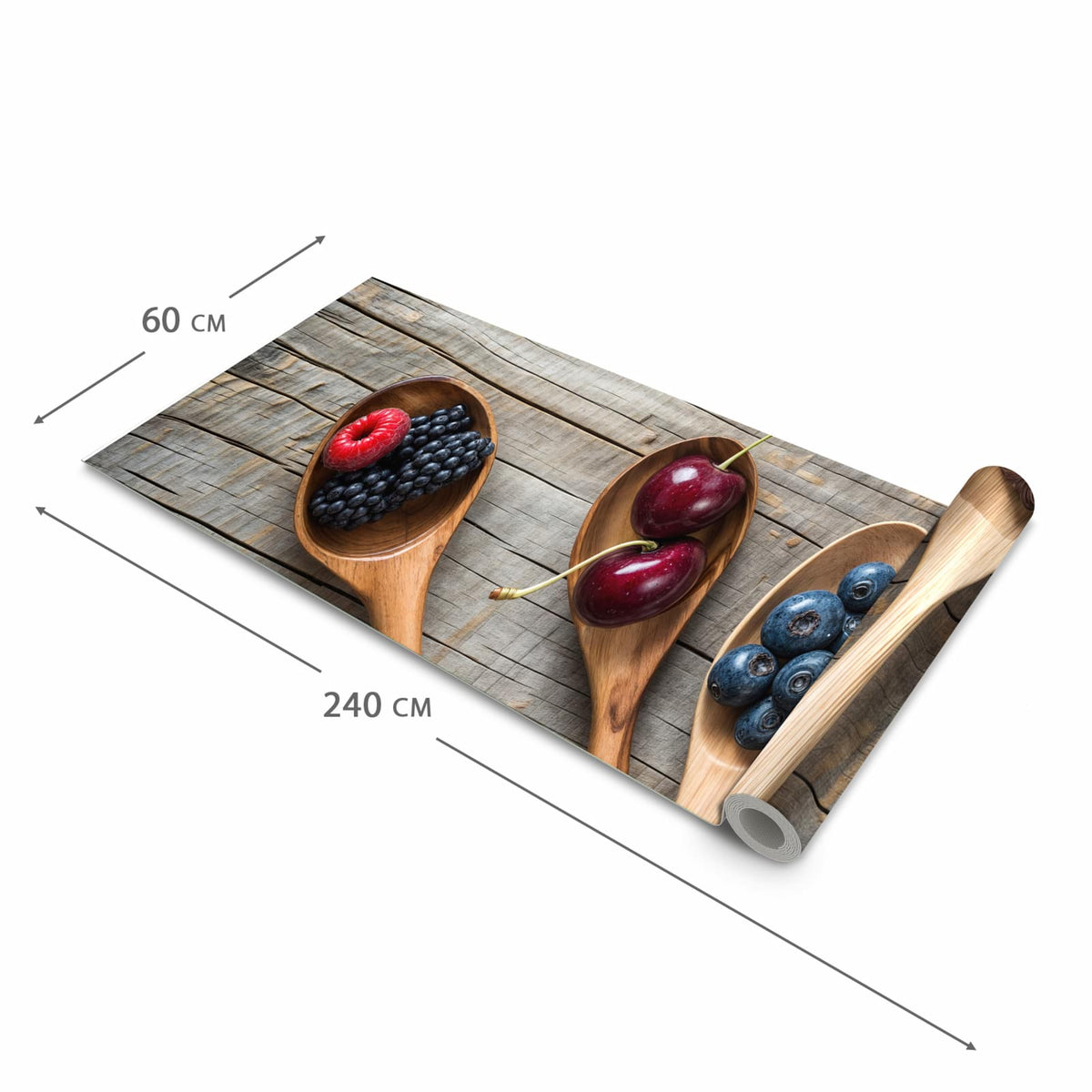 Waschbarer Teppich fürs Esszimmer mit Motiv Holzlöffel mit Beeren in der Größe 80x300 cm