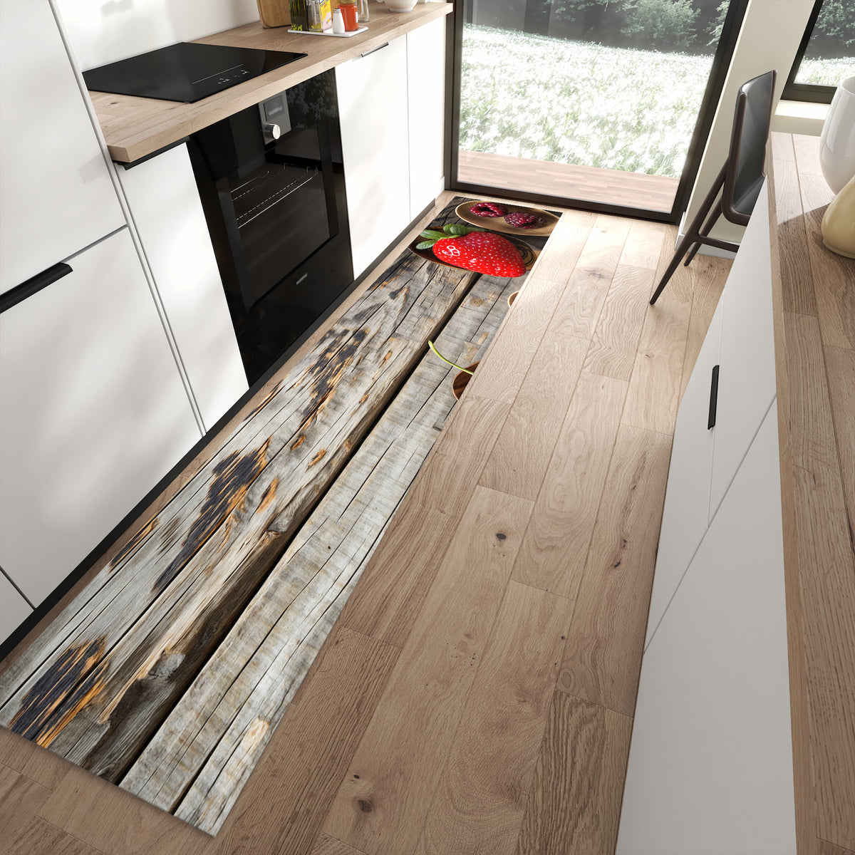 Strapazierfähiger Küchenvorleger mit Motiv Holzlöffel mit Beeren in moderner Küche