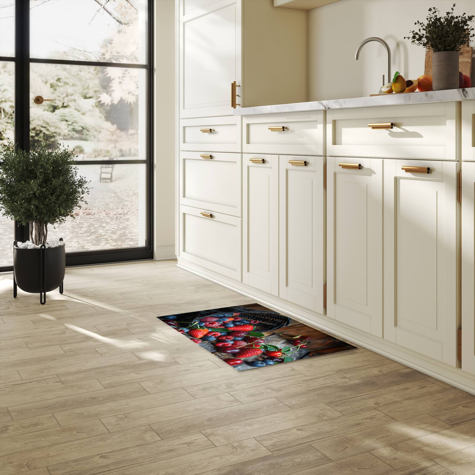 Langlebiger Teppich für Esstisch mit Motiv Frische Beerenkorb in heller Küche, waschbar