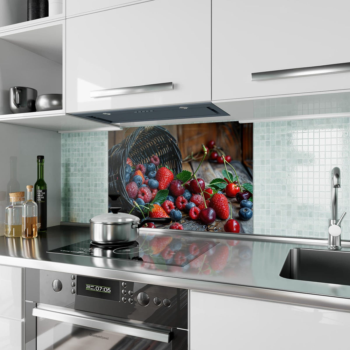 Küchenrückwand aus Glas Umgekippter Beerenkorb im Hochformat als Spritzschutz hinter dem Kochfeld, über dem Fliesenspiegel montiert