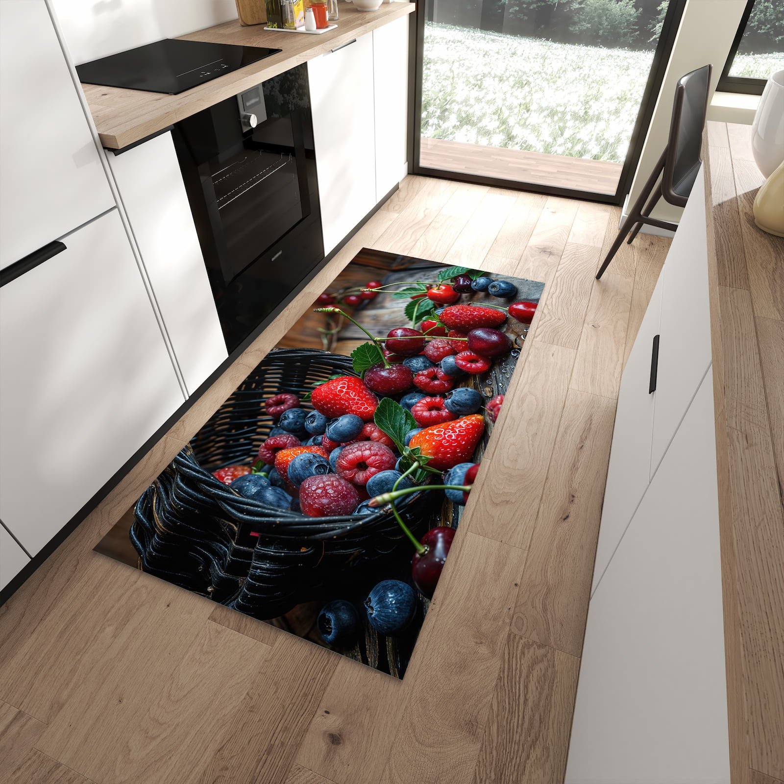 Fleckenresistenter waschbarer Küchenteppich mit Motiv Frische Beerenkorb in moderner Küche