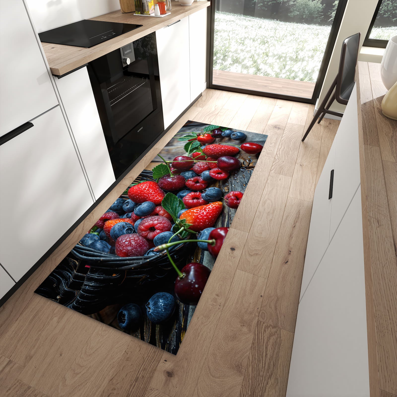 Abriebfester rutschfester Küchenteppich mit Motiv Frische Beerenkorb in moderner Küche