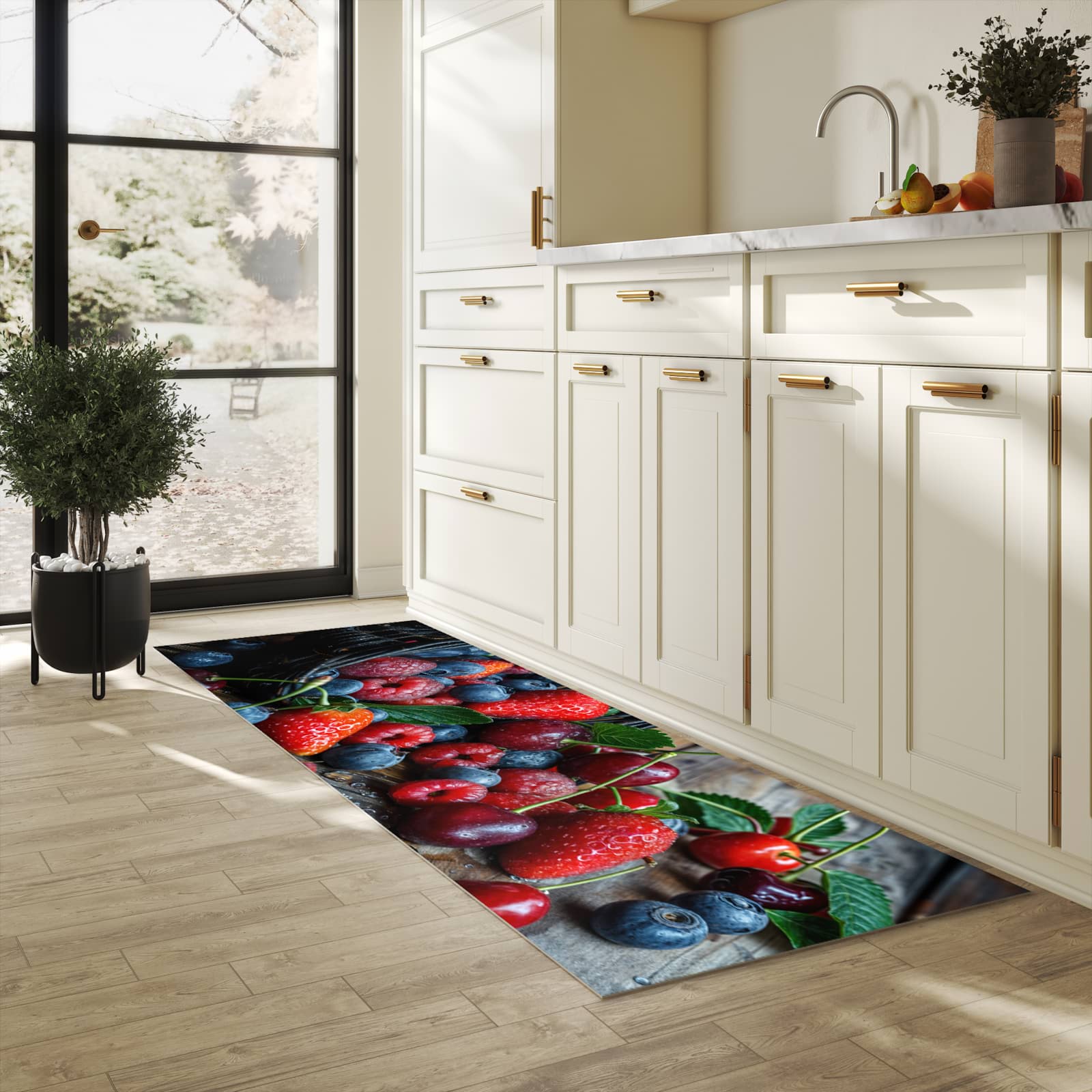 Feuchtigkeitsresistenter Bodenläufer mit Motiv Frische Beerenkorb in heller Küche