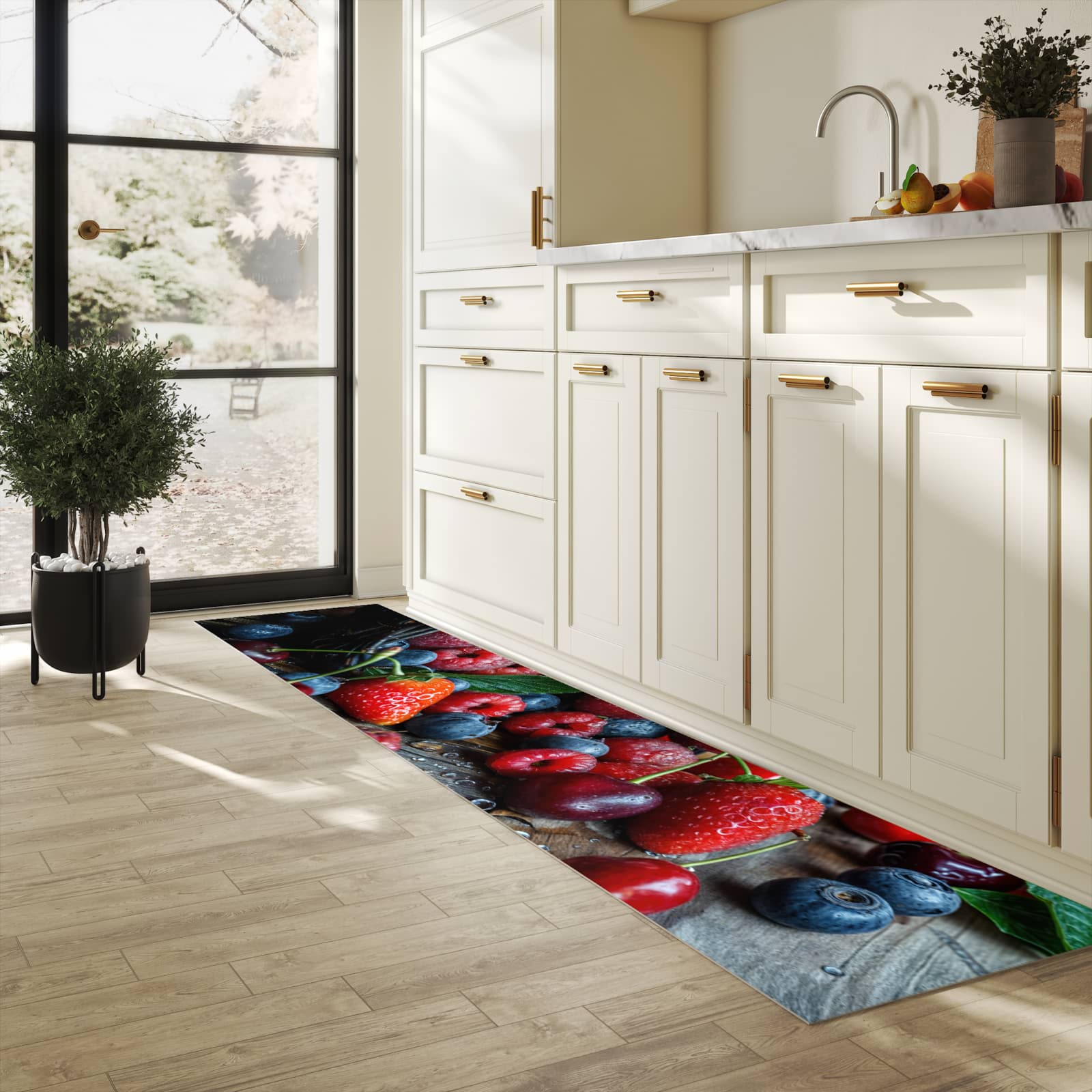 Waschbarer Teppich fürs Esszimmer mit Motiv Frische Beerenkorb in heller Küche