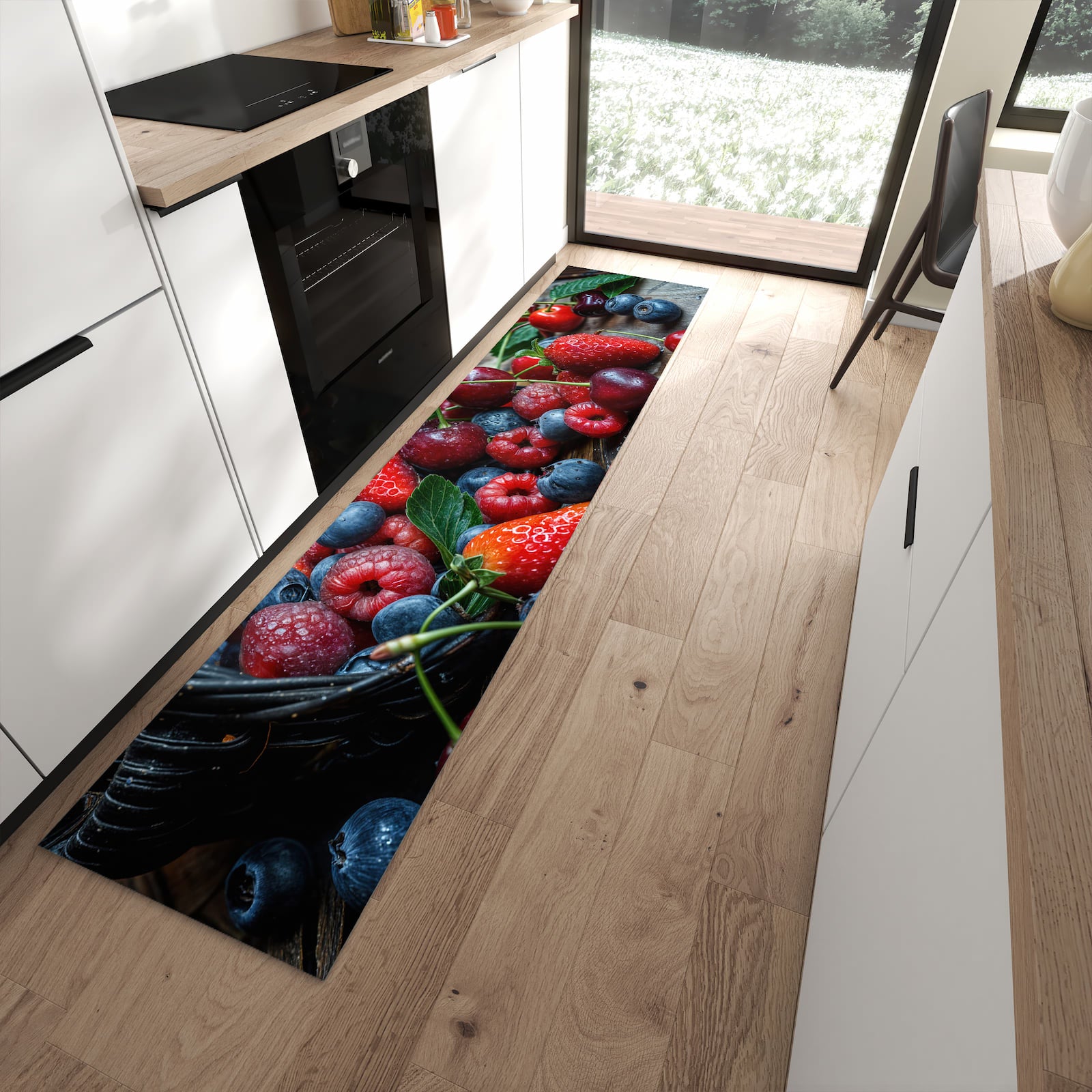 Waschbarer Küchenteppich mit Motiv Frische Beerenkorb in moderner Küche für sichere Aufbewahrung