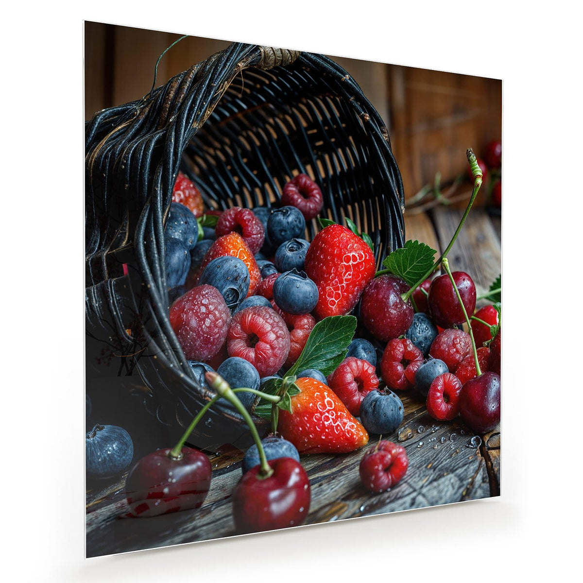 Umgekippter Weidenkorb, aus dem Erdbeeren, Heidelbeeren, Himbeeren und Kirschen auf Holz rollen