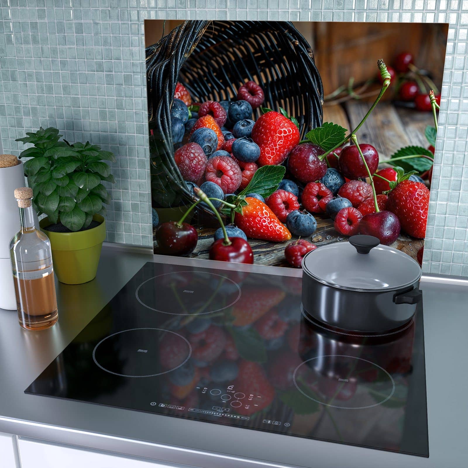 1-teilige Glasplatte für Herd mit Frische Beerenkorb-Motiv als Spritzschutz hinter dem Kochfeld