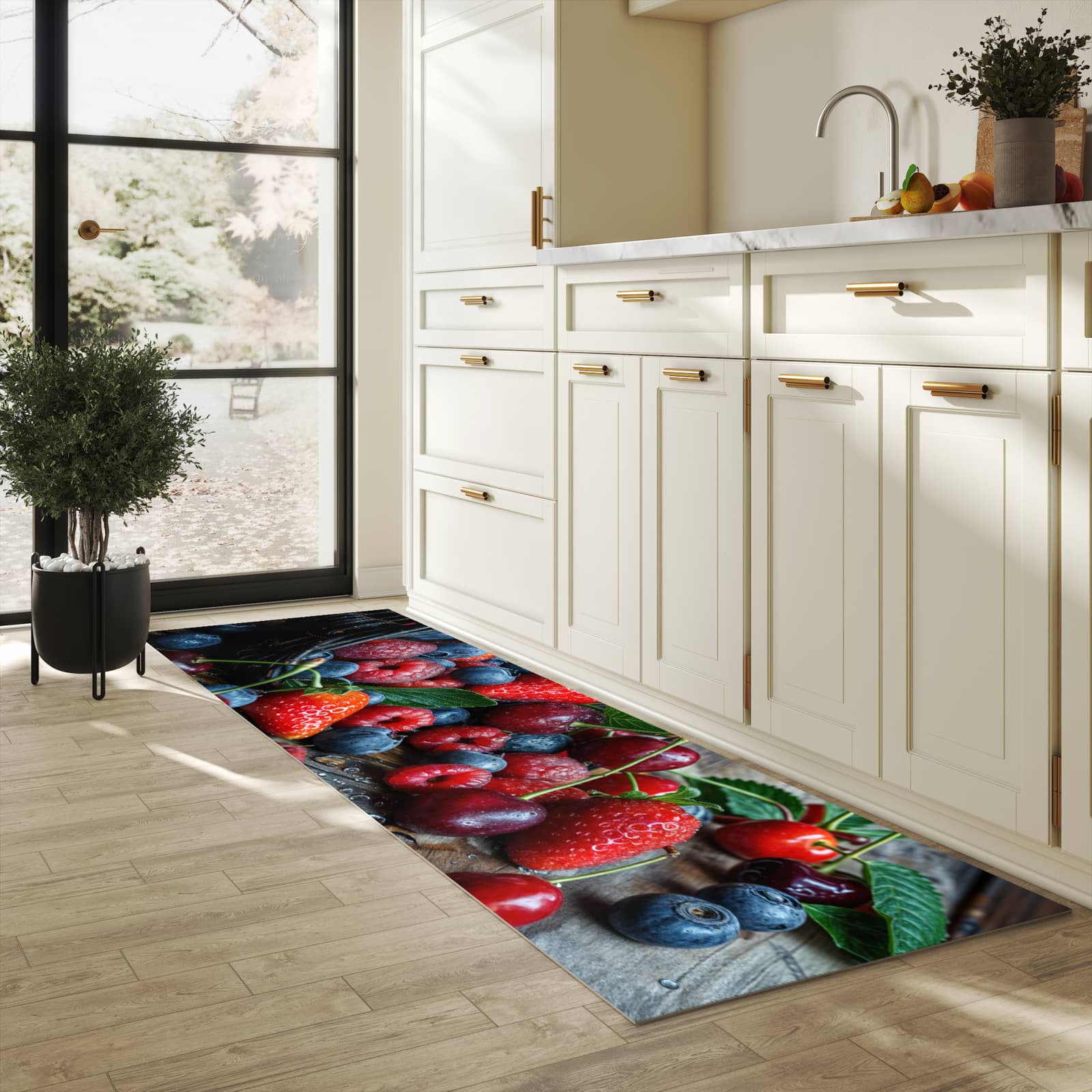 Bodenschonender Bodenläufer-Teppich mit Motiv Frische Beerenkorb in heller Küche