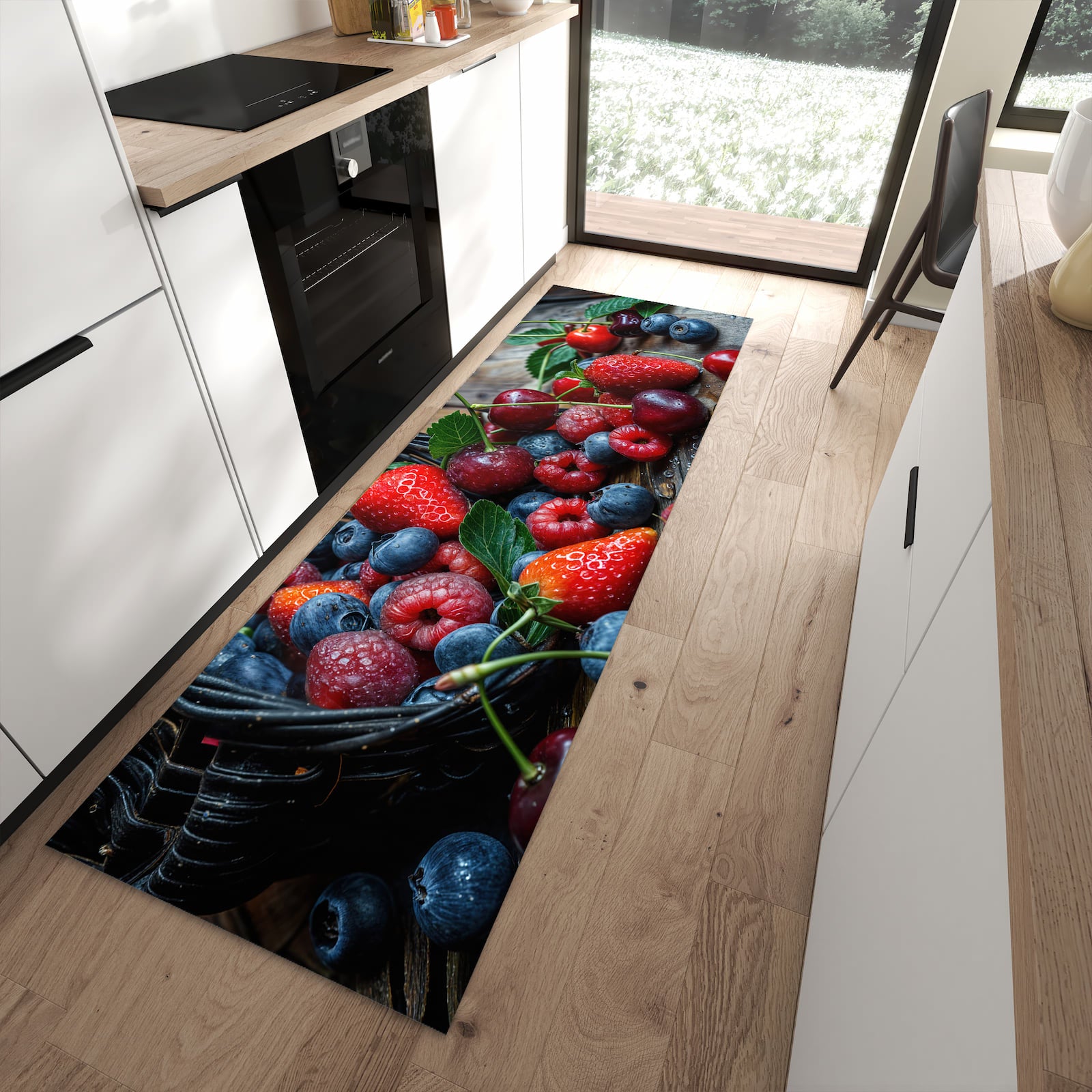 UV-beständiger Bodenläufer mit Motiv Frische Beerenkorb in moderner Küche
