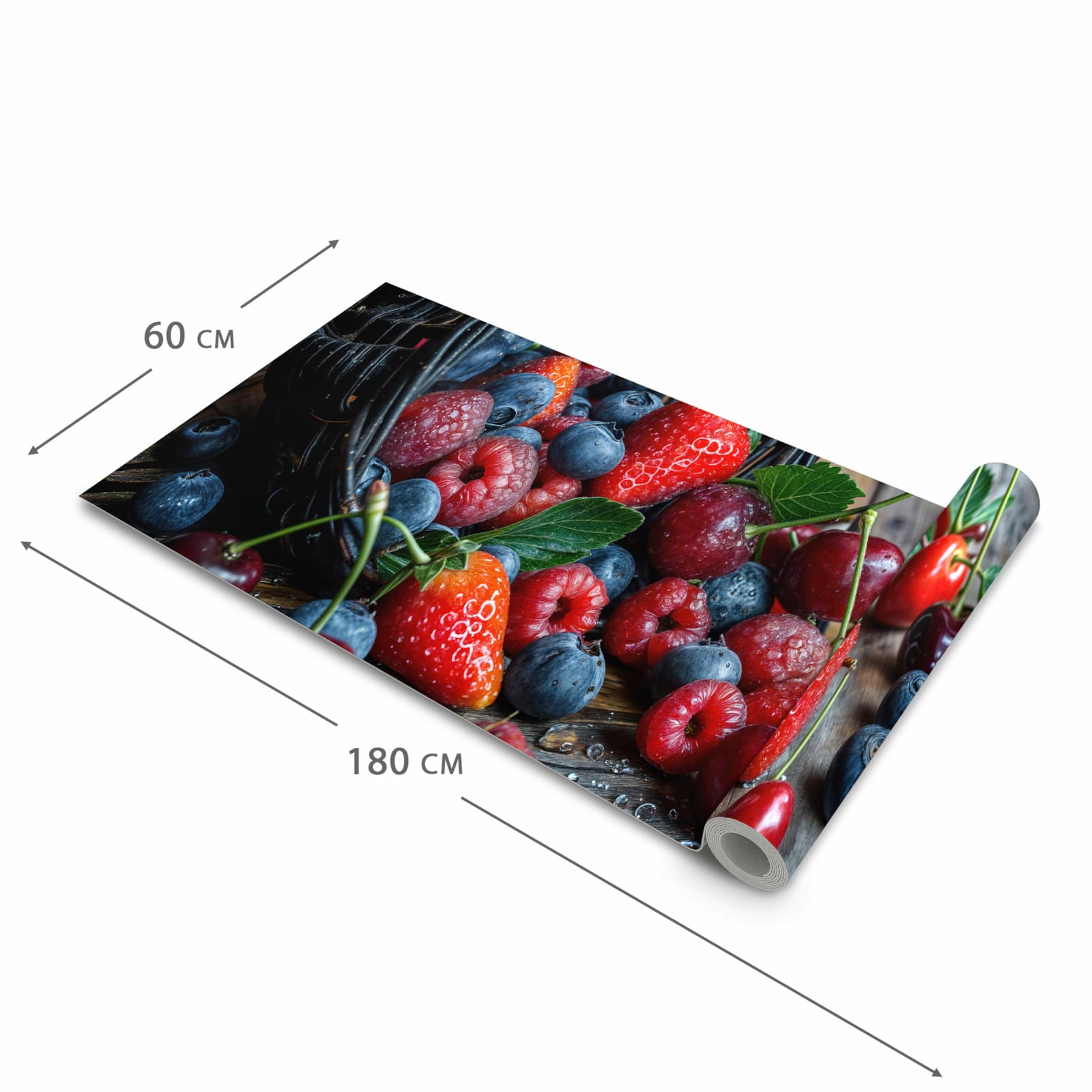 Flacher rutschfester Küchenläufer mit Motiv Frische Beerenkorb in der Grösse 60x300 cm