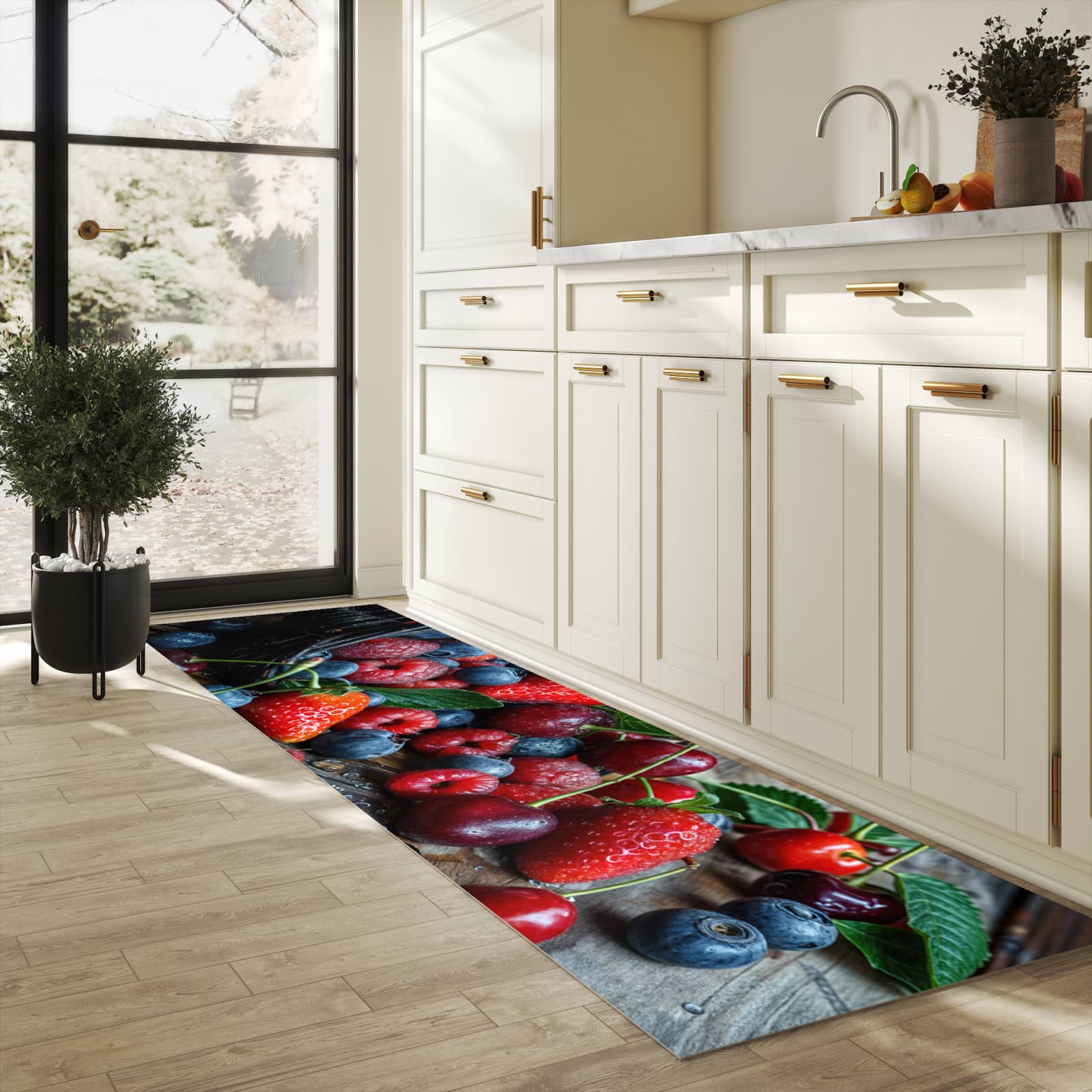 Küchenteppich mit Motiv Frische Beerenkorb für Ordnung & Übersicht in heller Küche