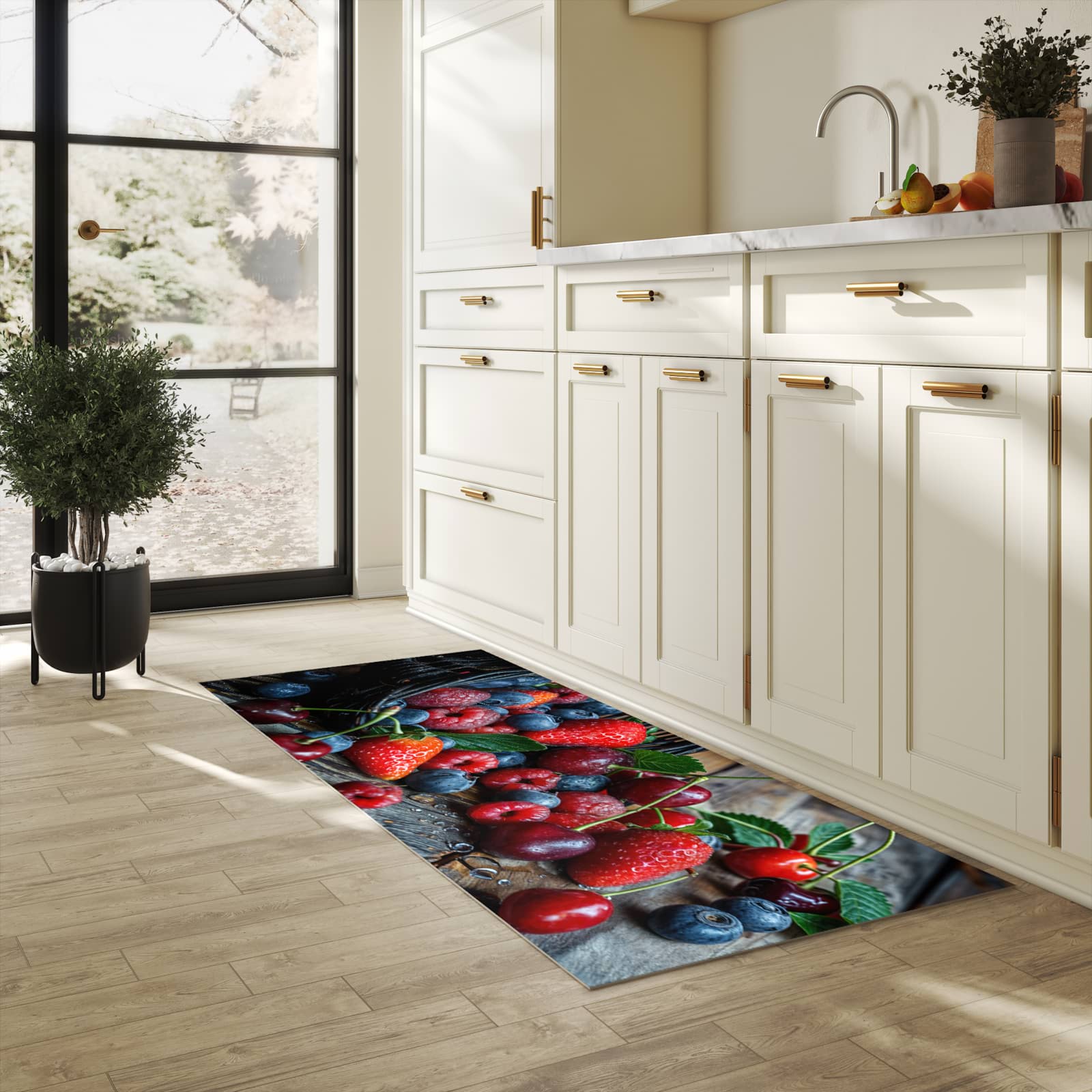 Rutschfester Küchenteppich mit Motiv Frische Beerenkorb in heller Küche