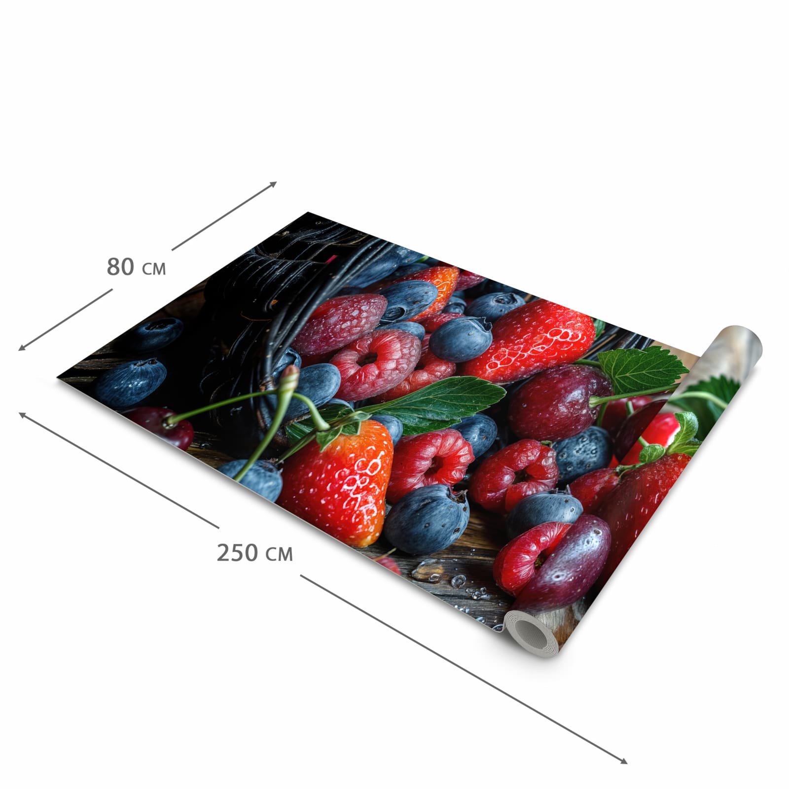 Hygienischer Küchenläufer nach Maß mit Motiv Frische Beerenkorb in der Größe 60x300 cm