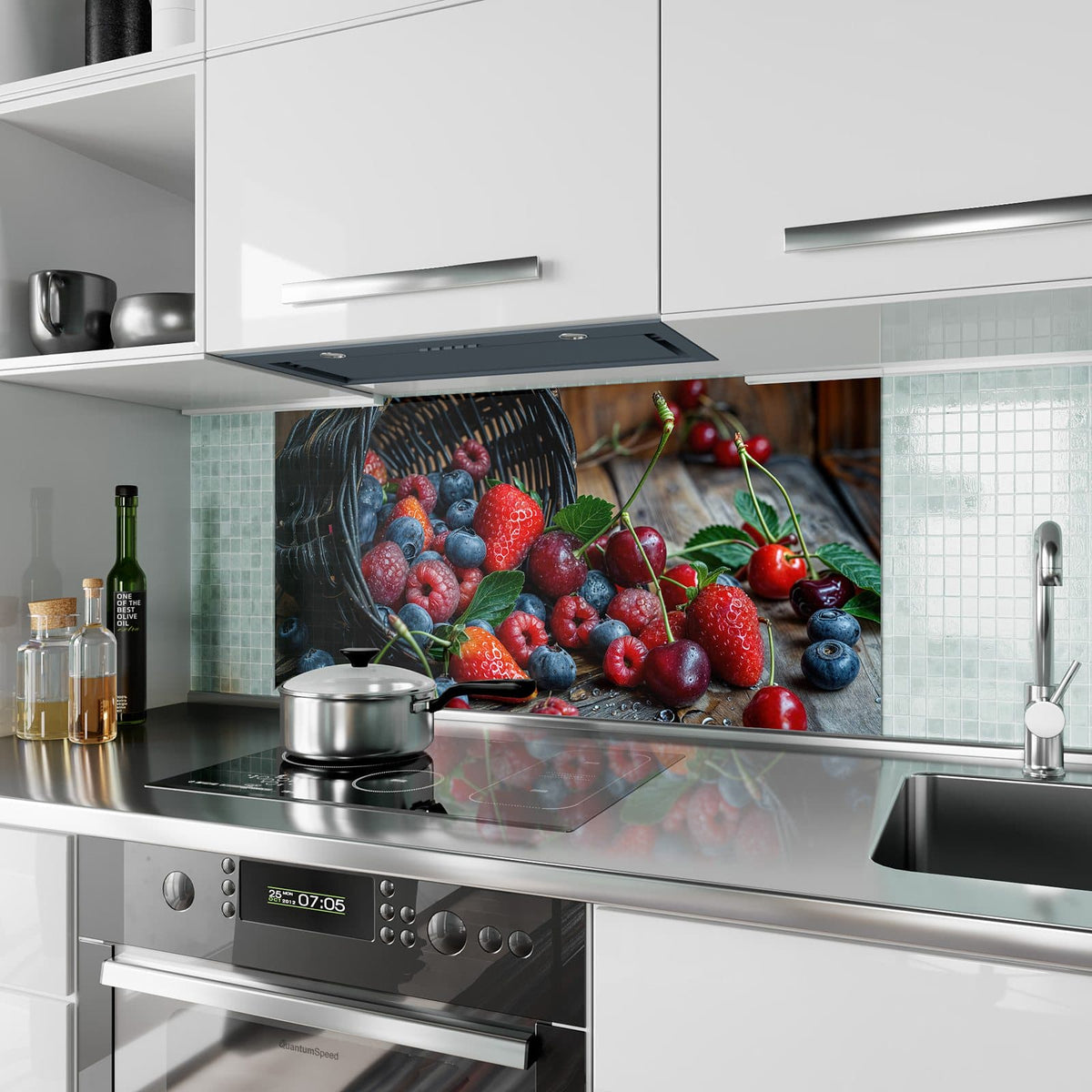 Küchenrückwand aus Glas Umgekippter Beerenkorb im Hochformat als Spritzschutz hinter dem Kochfeld, über dem Fliesenspiegel montiert