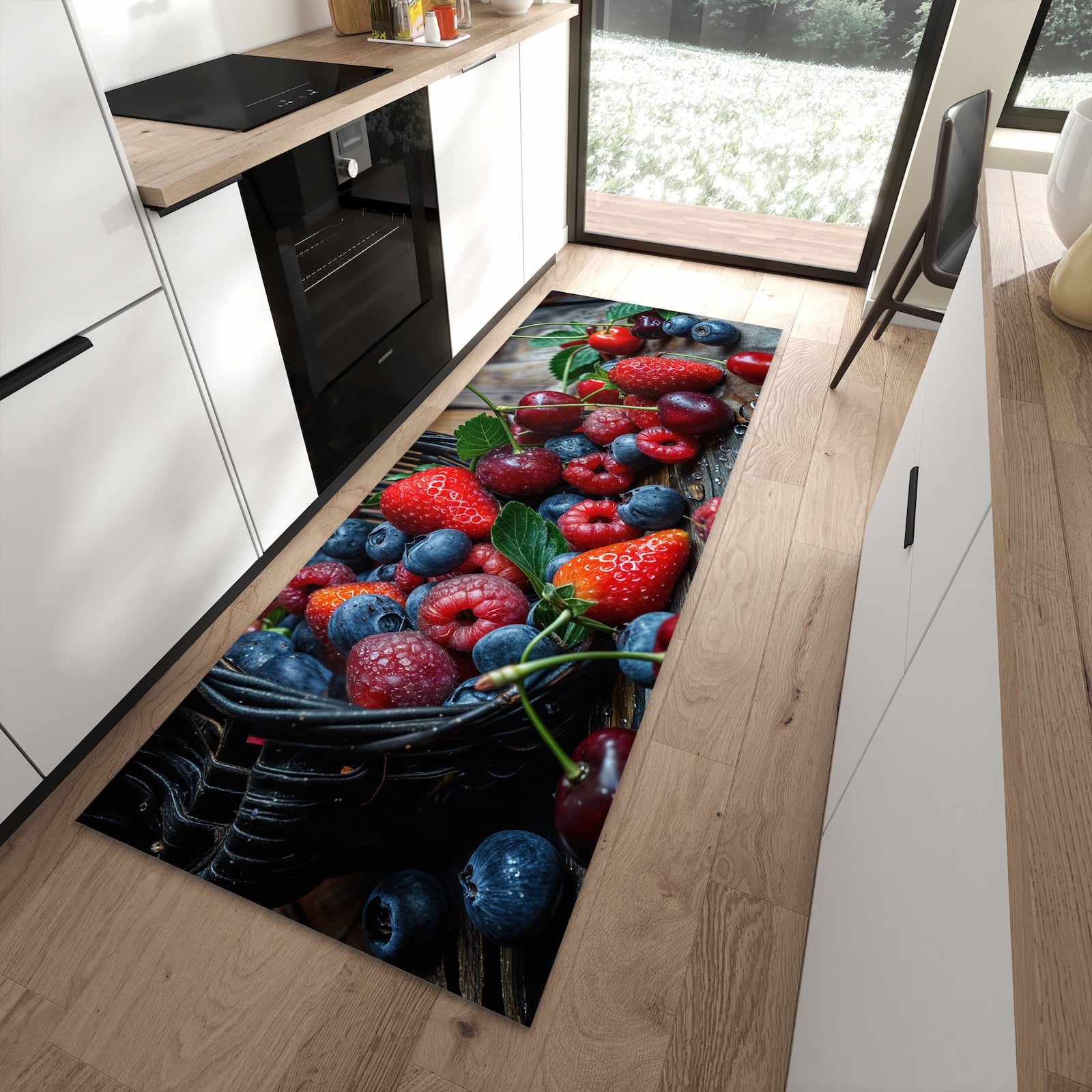 Schmutzabweisender Küchenteppich mit Motiv Frische Beerenkorb in moderner Küche