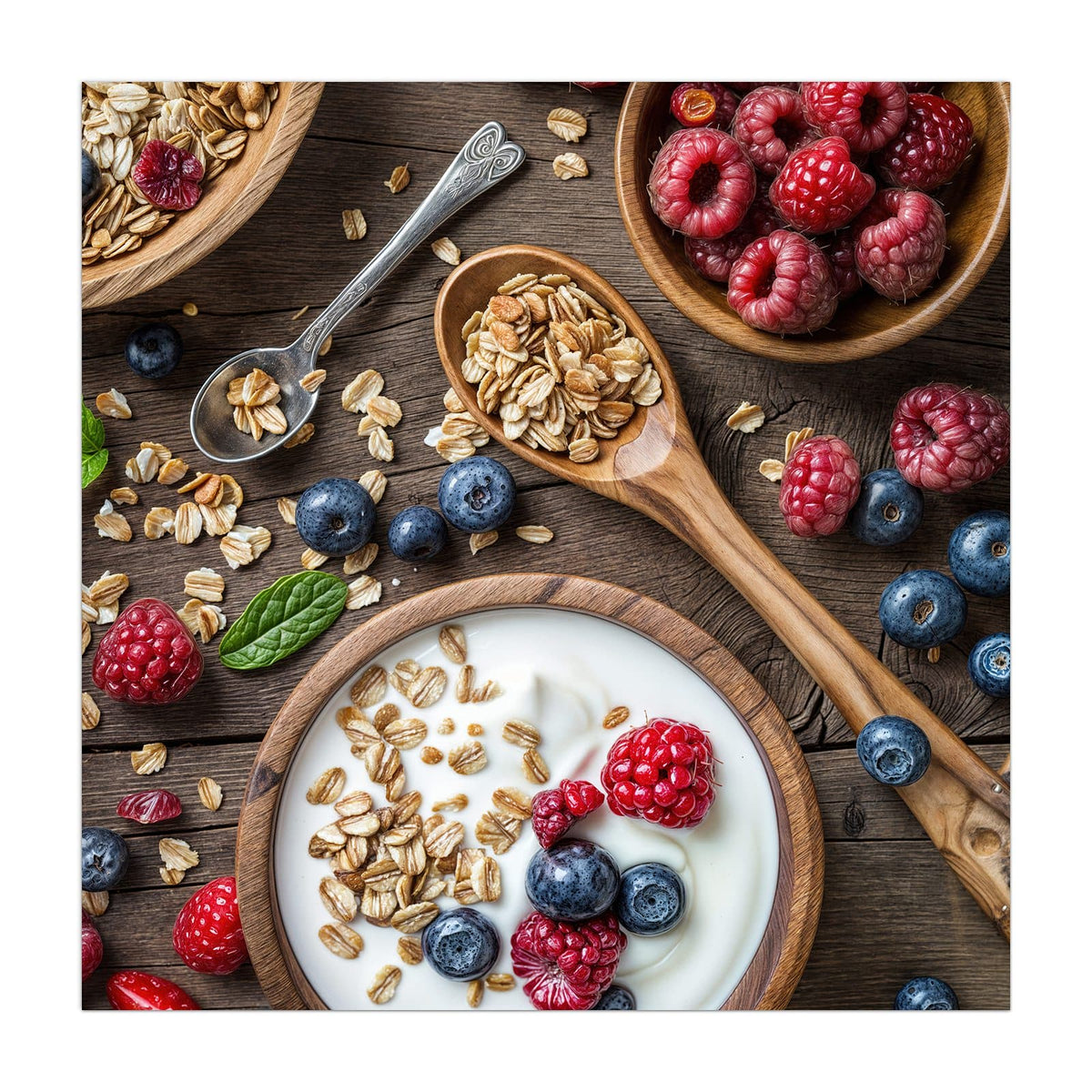 Küchenrückwand aus Glas Joghurt mit Beeren im quadratischen Format, Motiv bildfüllend von vorn