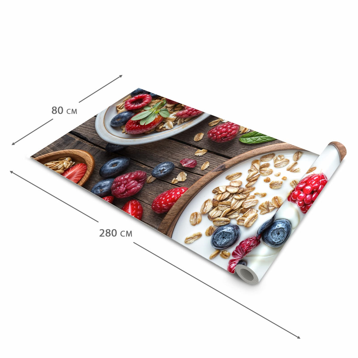 Schmutzabweisender waschbarer Küchenläufer mit Motiv Beeriges Müsli in der Größe 80x300 cm