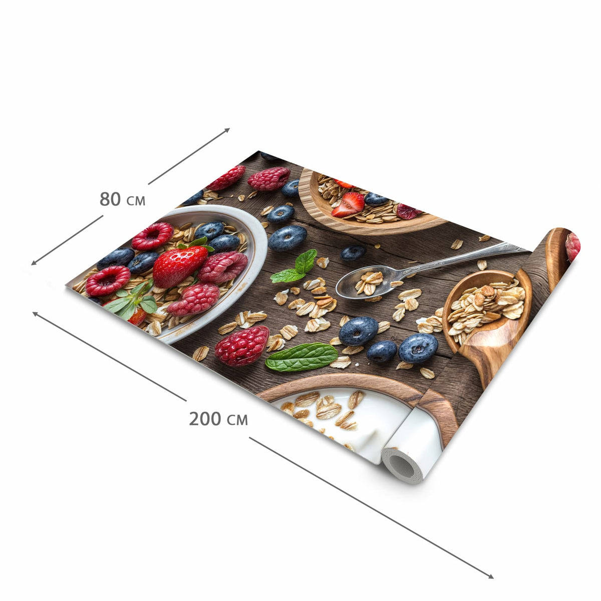 Wasserabweisender Teppichläufer für die Küche mit Motiv Beeriges Müsli in der Grösse 80x300 cm