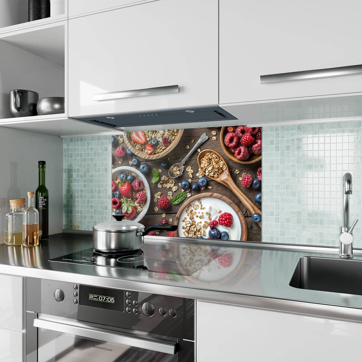 Küchenrückwand aus Glas Joghurt mit Beeren im Hochformat als Spritzschutz hinter dem Kochfeld, über dem Fliesenspiegel montiert
