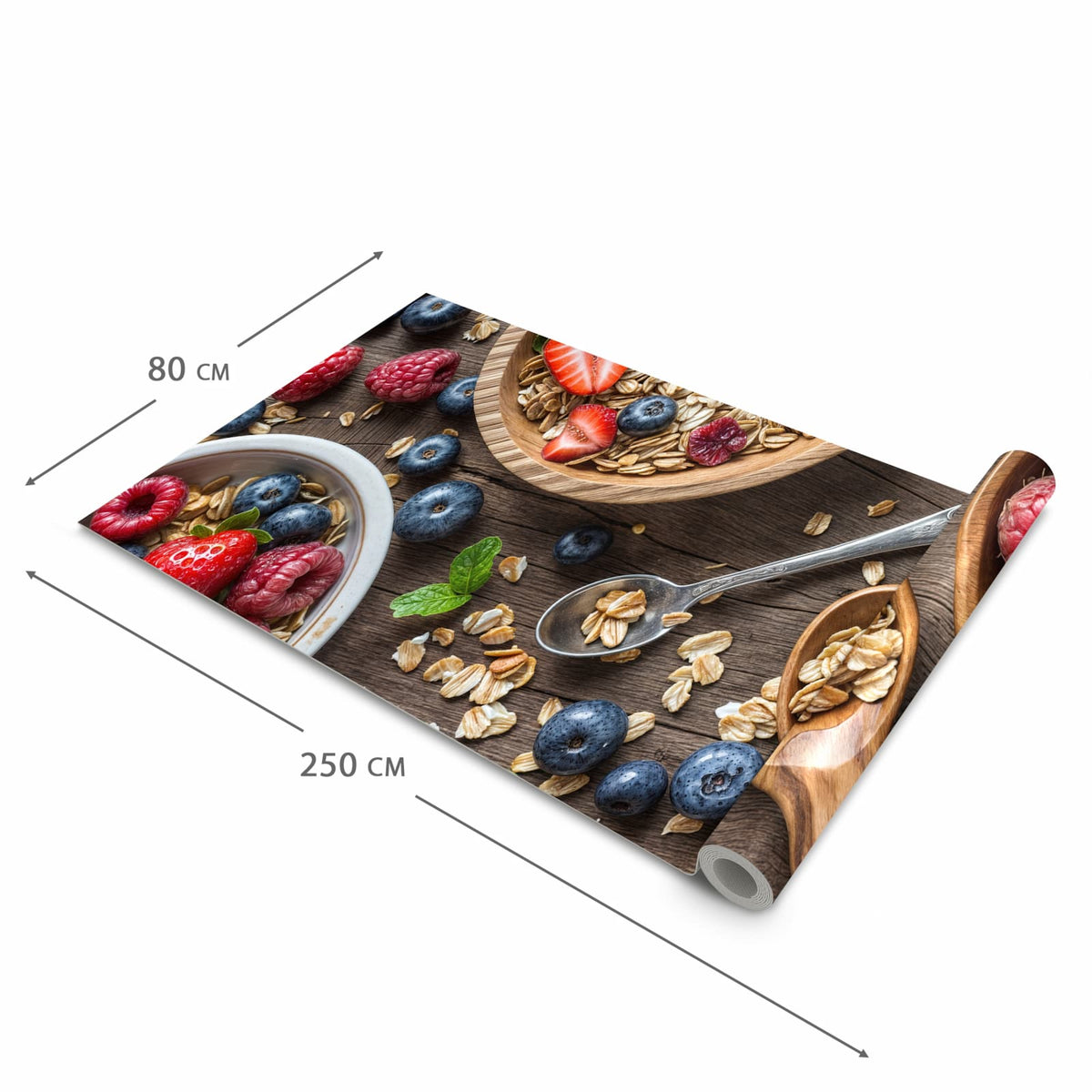 Fleckenresistenter waschbarer Läufer Küche mit Motiv Beeriges Müsli in der Grösse 80x300 cm