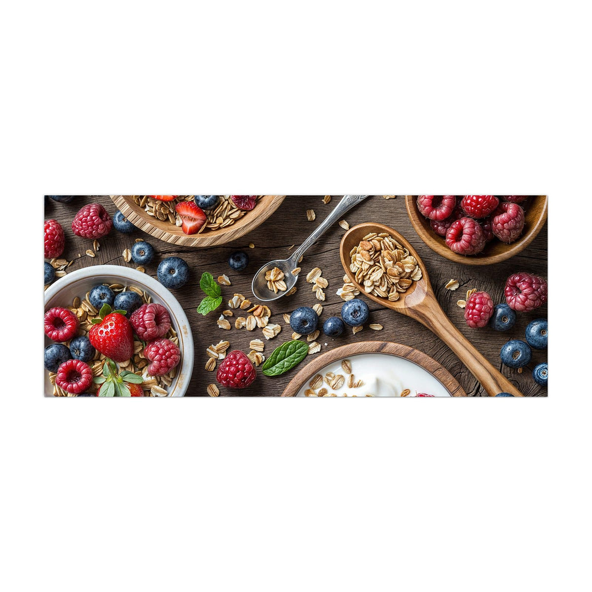 Küchenrückwand aus Glas Joghurt mit Beeren im Hochformat, Motiv bildfüllend von vorn
