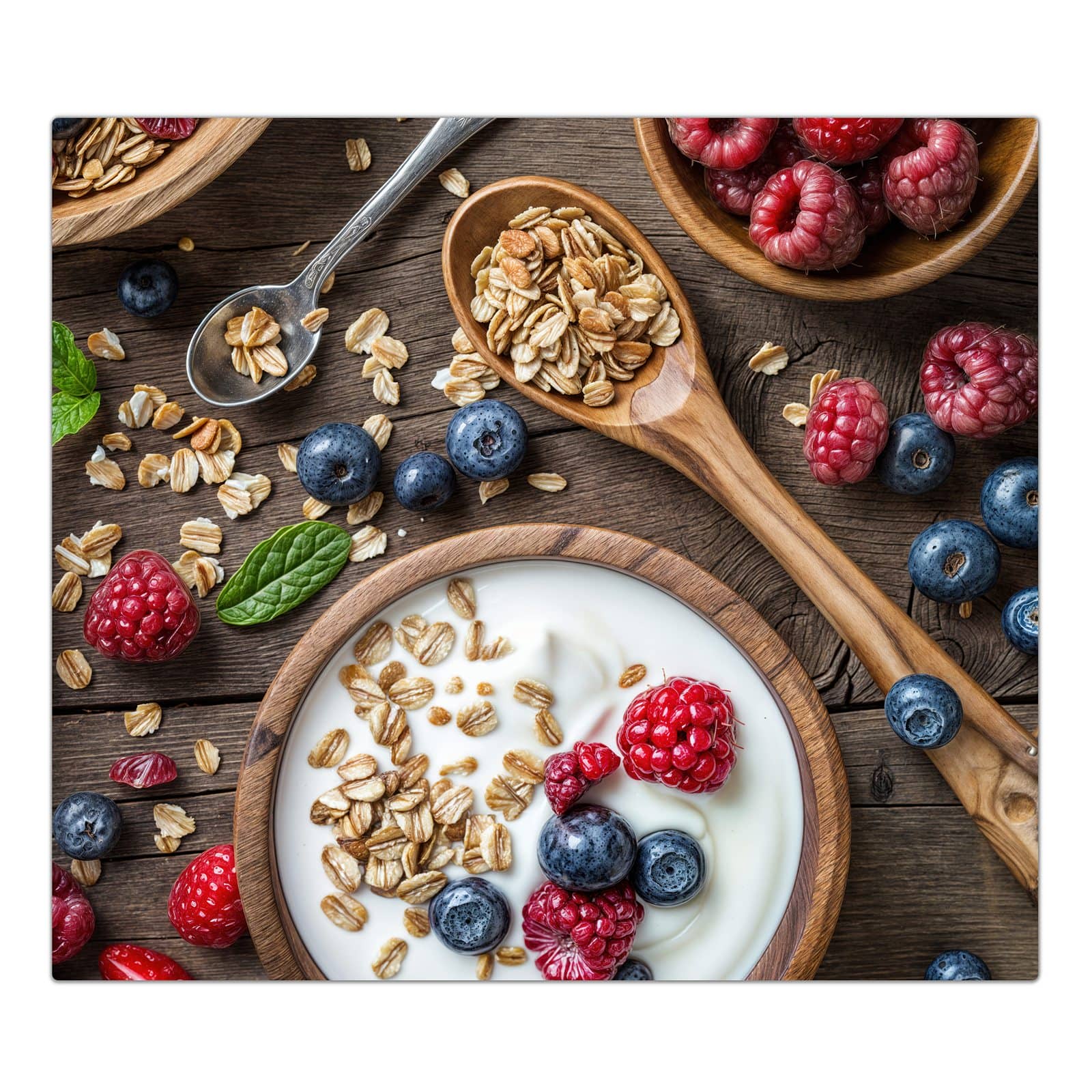 1-teilige Herdabdeckplatte aus Glas mit Beeriges Müsli-Motiv in der Frontansicht #grösse_1-Teilig (60x52cm)