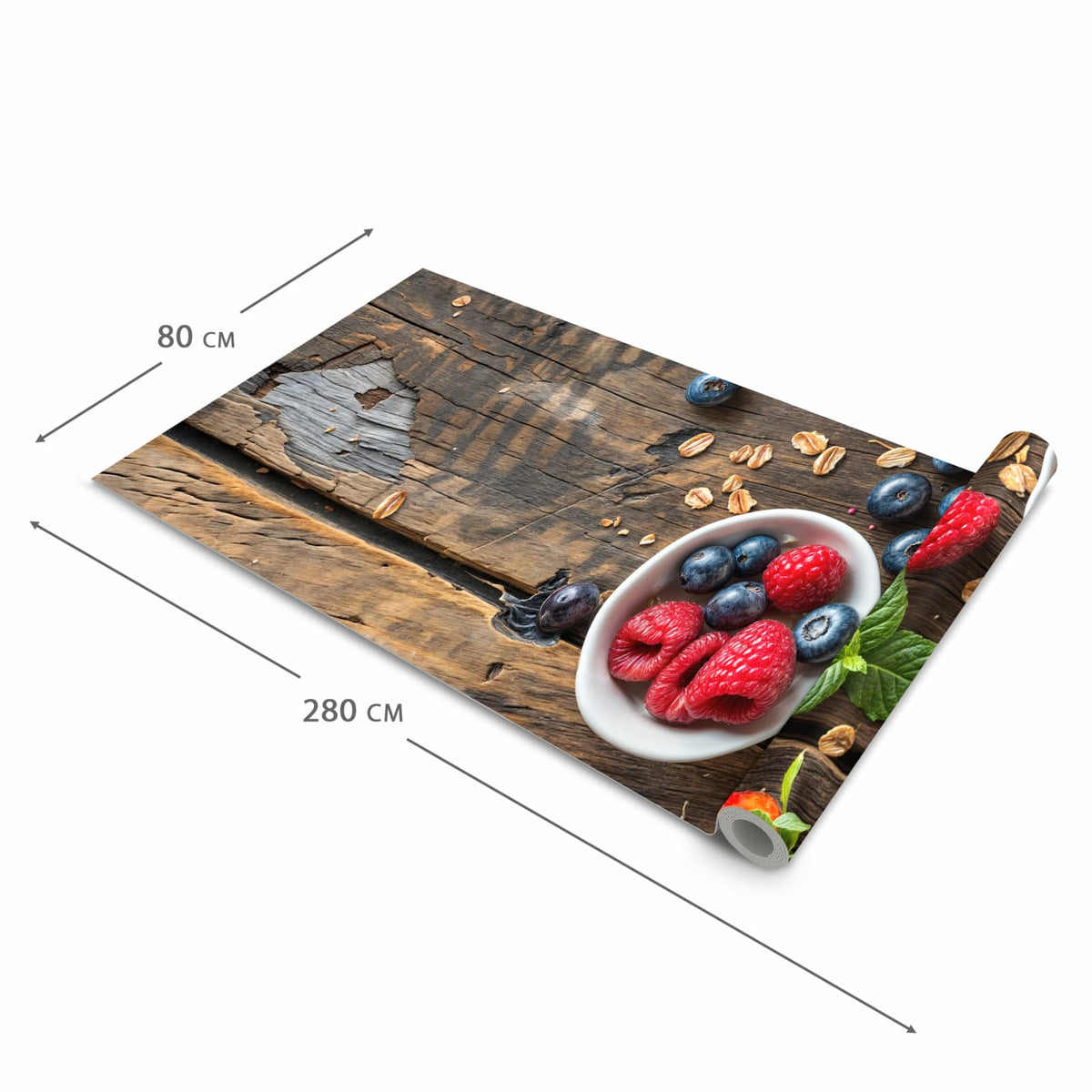 Bodenschonender Küchenteppich mit Motiv Frühstück Müsli in der Grösse 80x280 cm