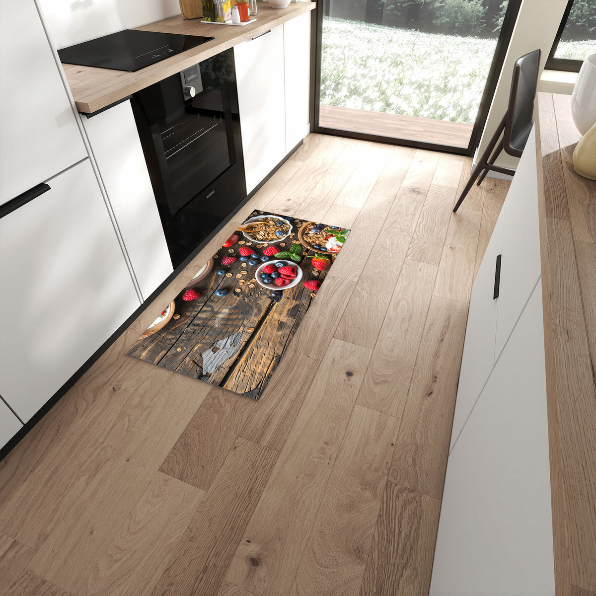 Leicht zu reinigender Küchenteppich mit Motiv Frühstück Müsli in moderner Küche #grösse_60 x 120 cm