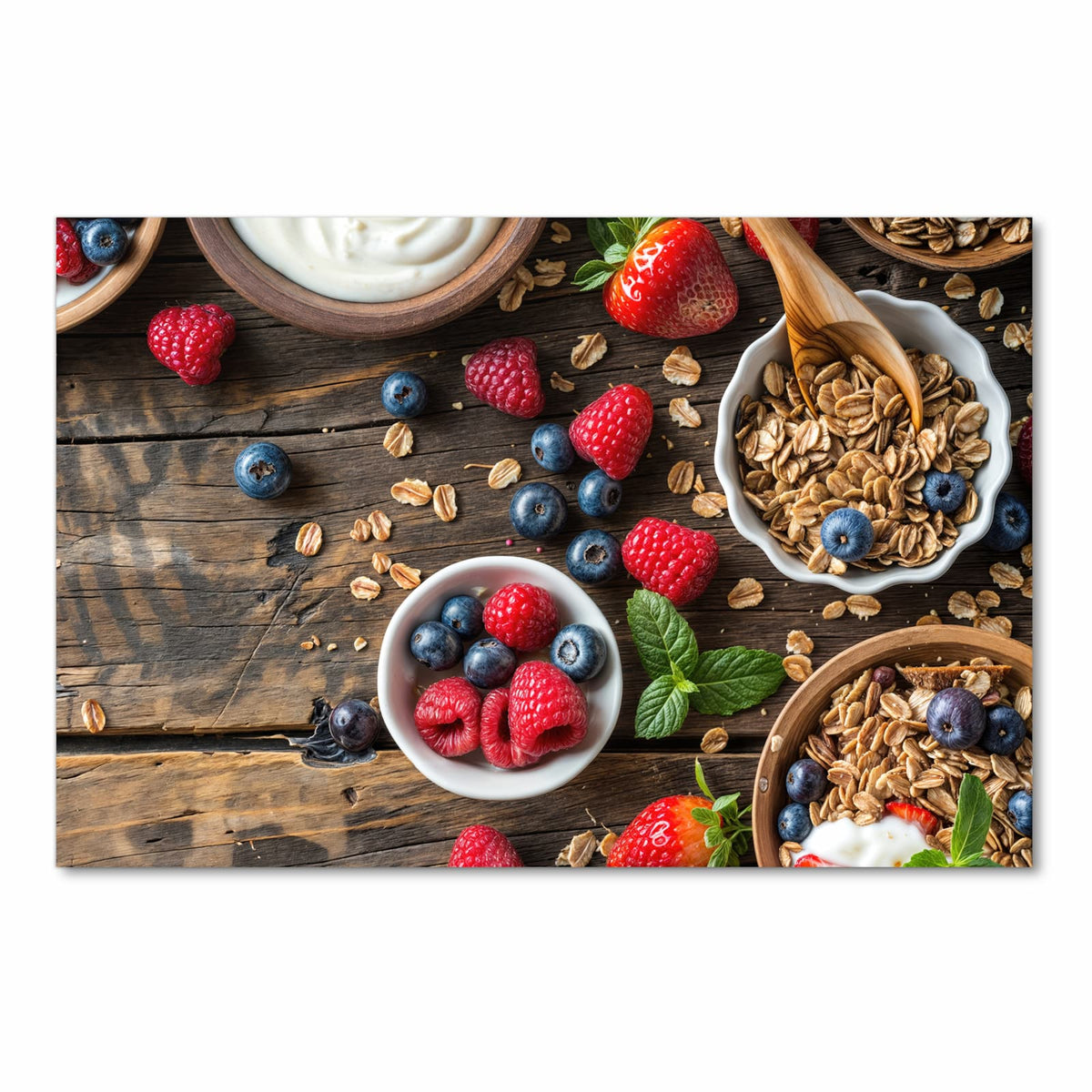 Waschbarer Küchenläufer nach Maß mit Motiv Frühstück Müsli in Frontansicht