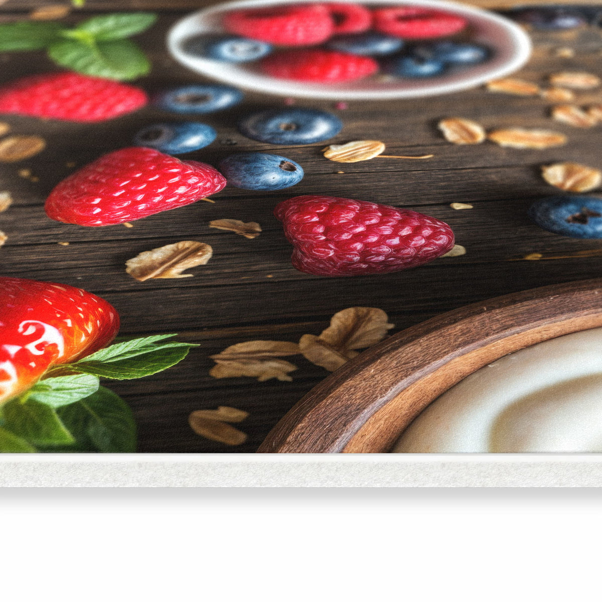 Strapazierfähiger Küchenteppich mit Motiv Frühstück Müsli in seitlicher Ansicht