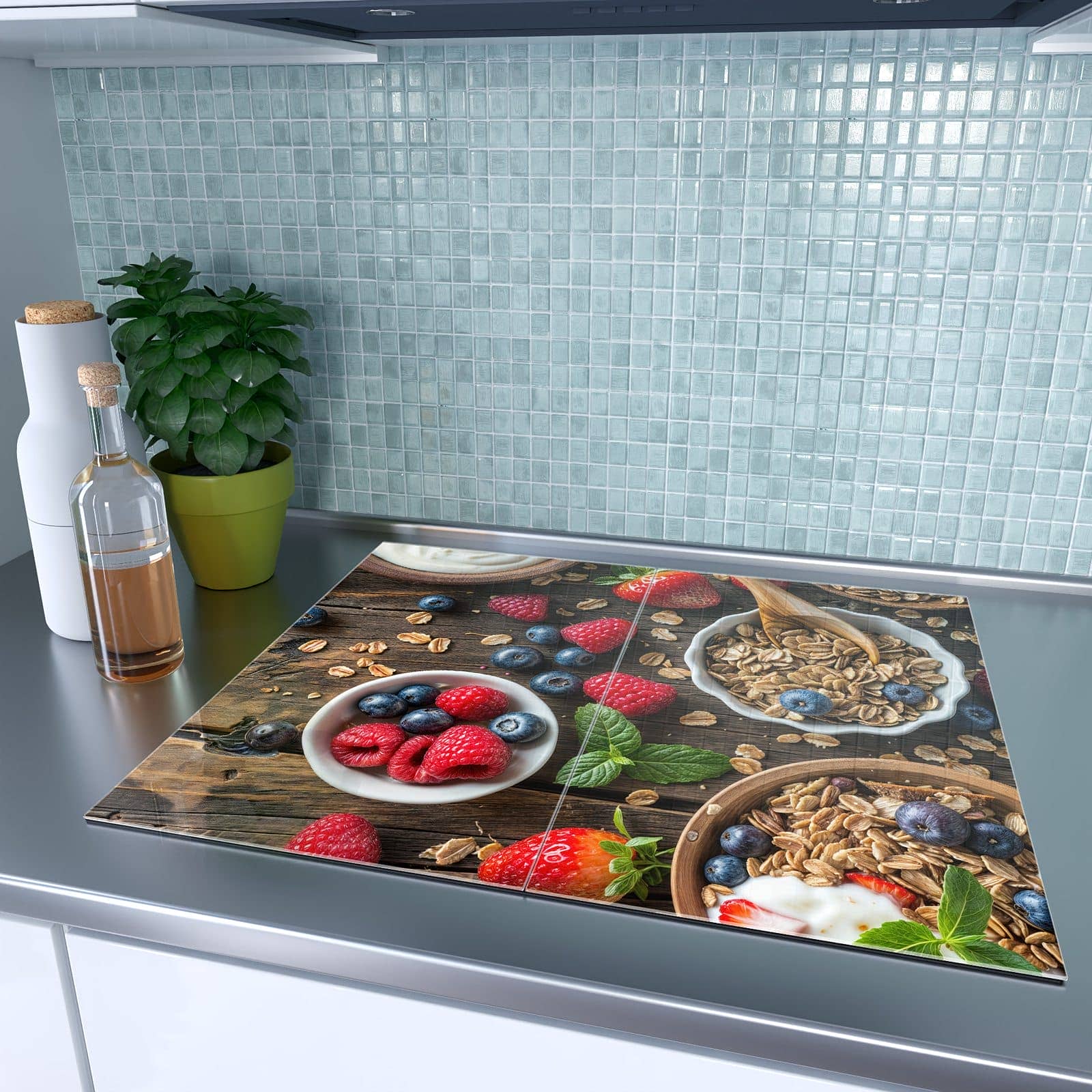 2-teilige Herdabdeckung mit Frühstück Müsli-Motiv auf dem Ceranfeld