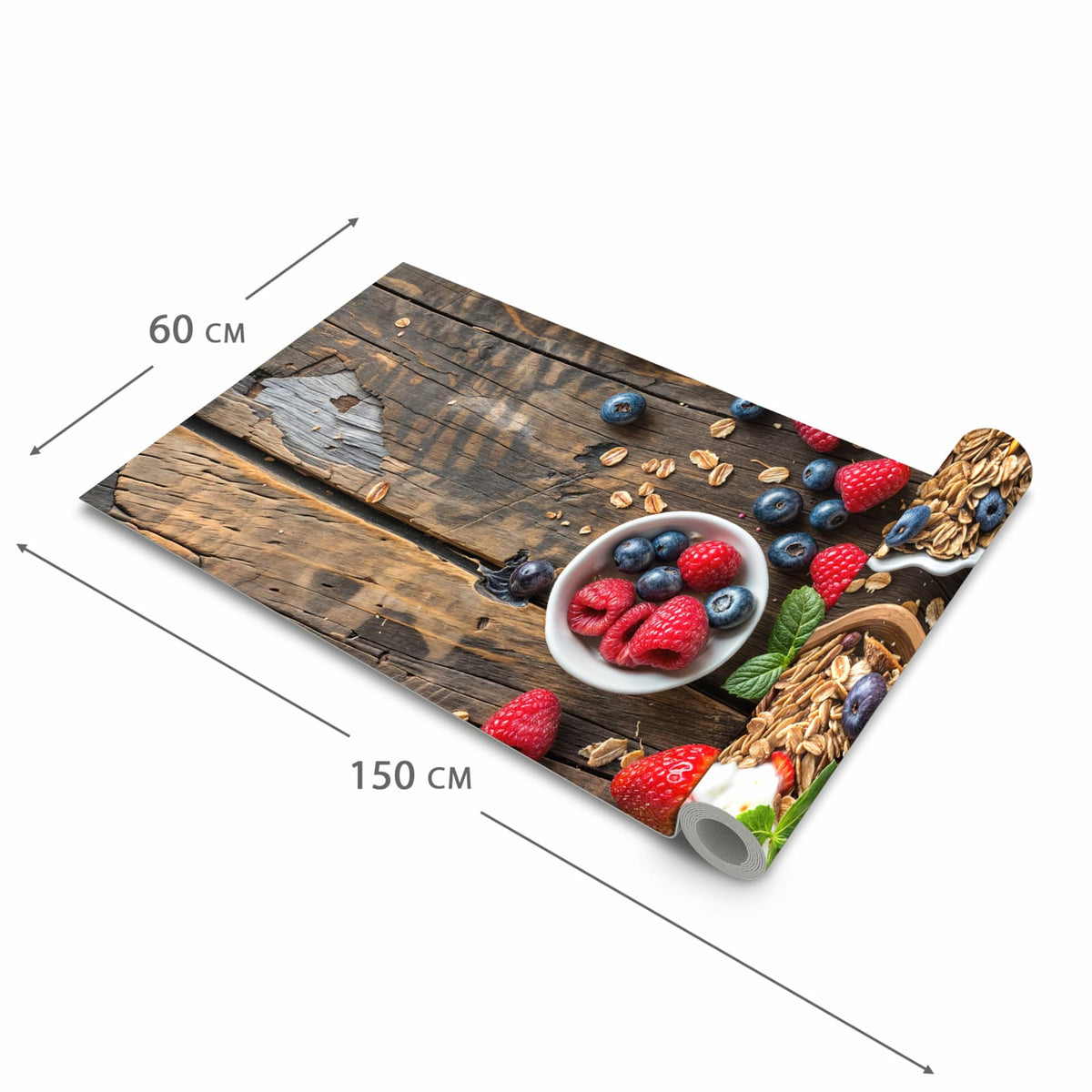 Pflegeleichter moderner Küchenläufer mit Motiv Frühstück Müsli in der Grösse 80x280 cm