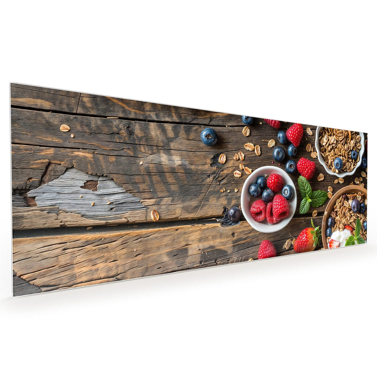 Küchenrückwand aus Glas im Hochformat mit Motiv Müsli und Joghurt: Draufsicht auf dunkles Holz: Schalen mit Granola, eine Schale Joghurt #grösse_40 x 100 cm #grösse_50 x 125 cm #grösse_60 x 150 cm