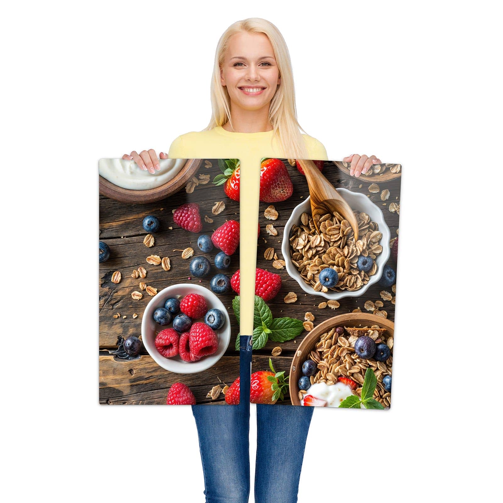 2-teilige Herdabdeckplatten für Ceranfeld mit Frühstück Müsli-Motiv zur Größendarstellung gehalten