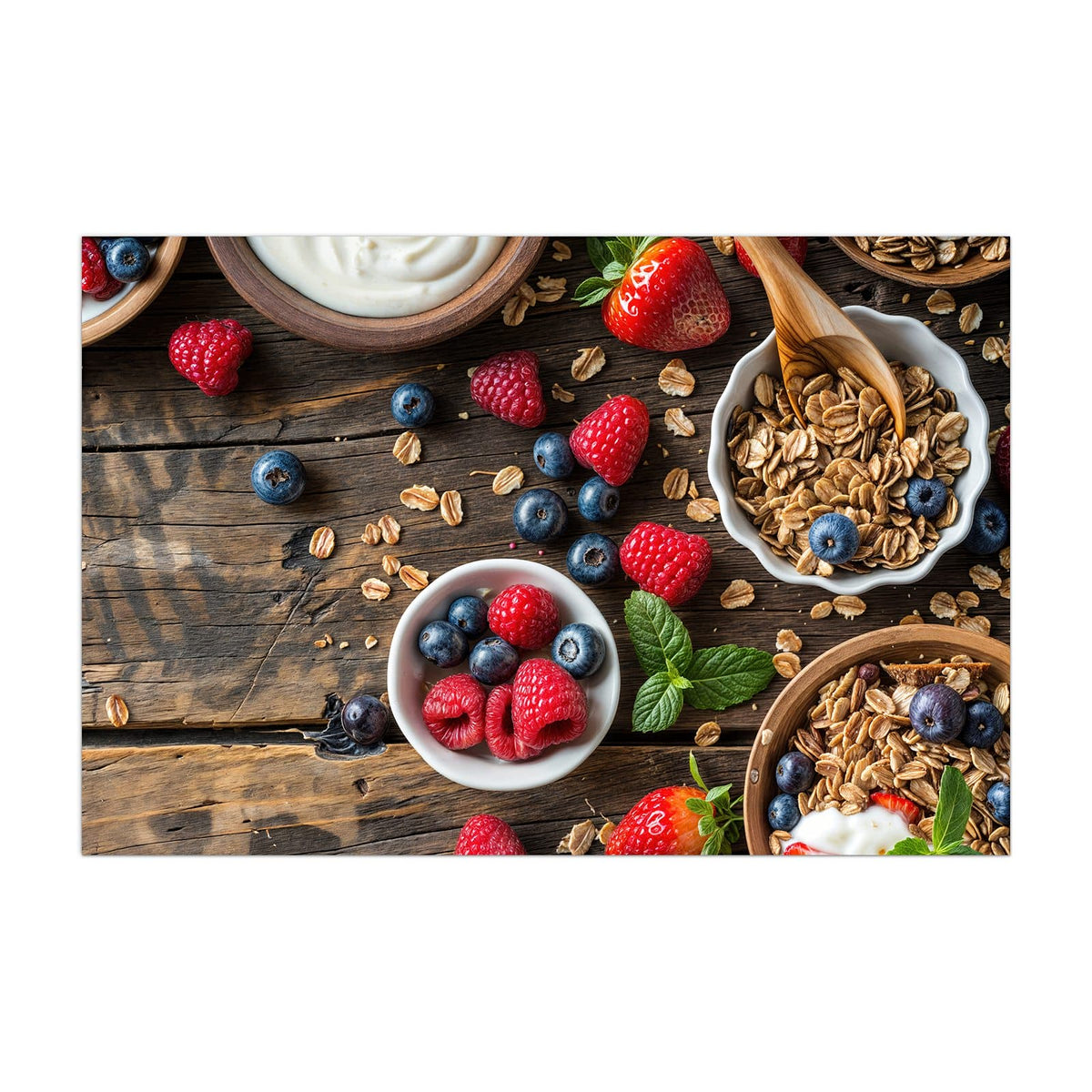 Küchenrückwand aus Glas Müsli und Joghurt im Hochformat, Motiv bildfüllend von vorn