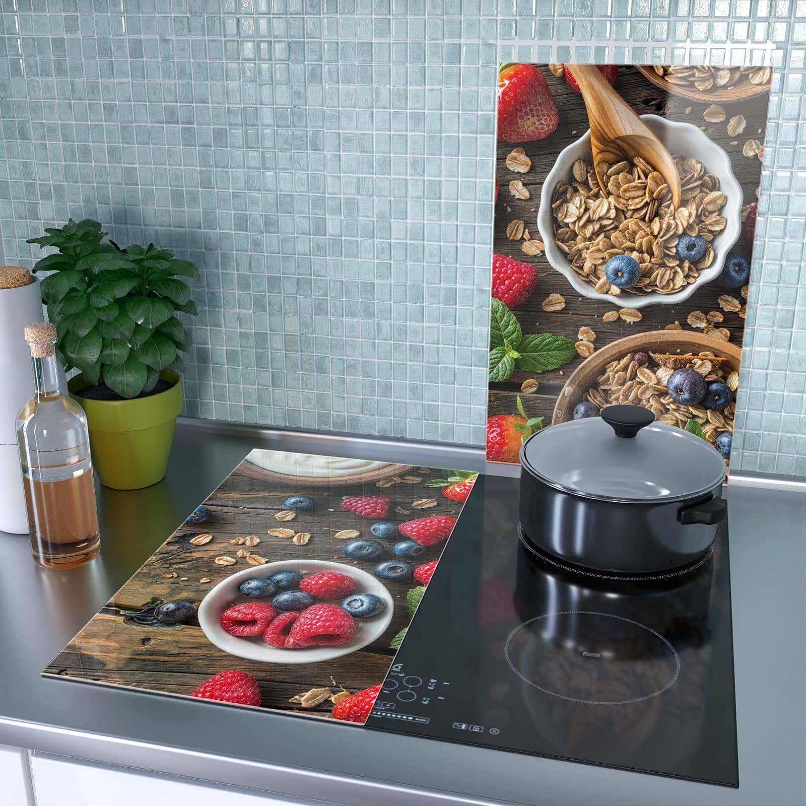 2-teilige Abdeckung für Herdplatten mit Frühstück Müsli-Motiv als Spritzschutz hinter dem Kochfeld