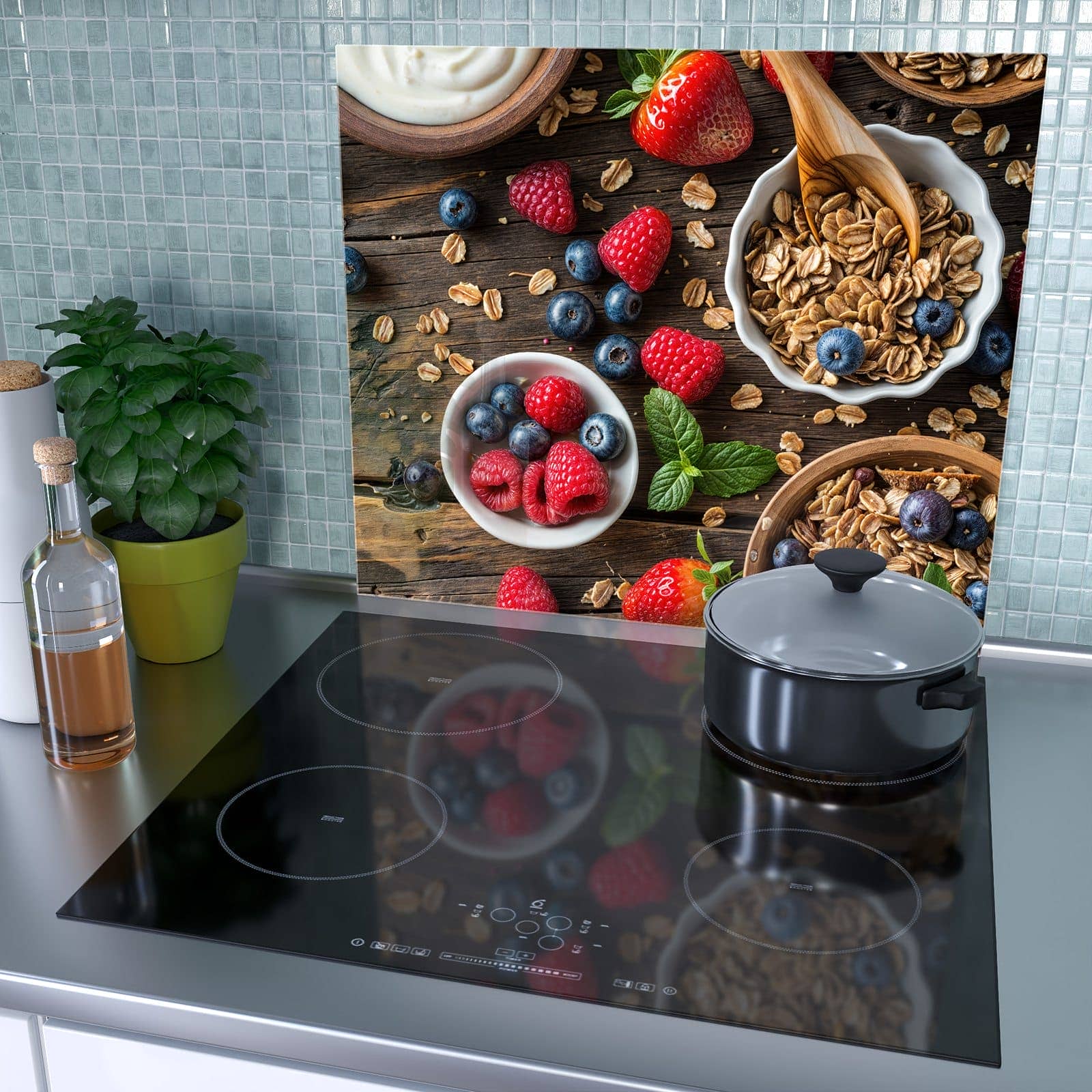 1-teilige Herdabdeckung mit Frühstück Müsli-Motiv als Spritzschutz hinter dem Kochfeld