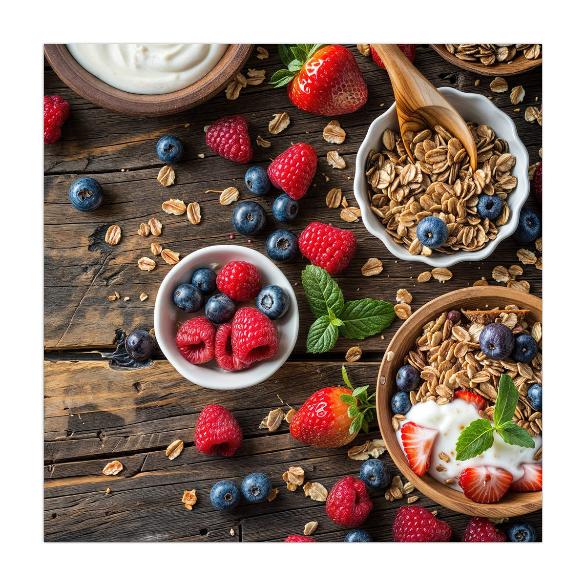 Küchenrückwand aus Glas Müsli und Joghurt im quadratischen Format, Motiv bildfüllend von vorn