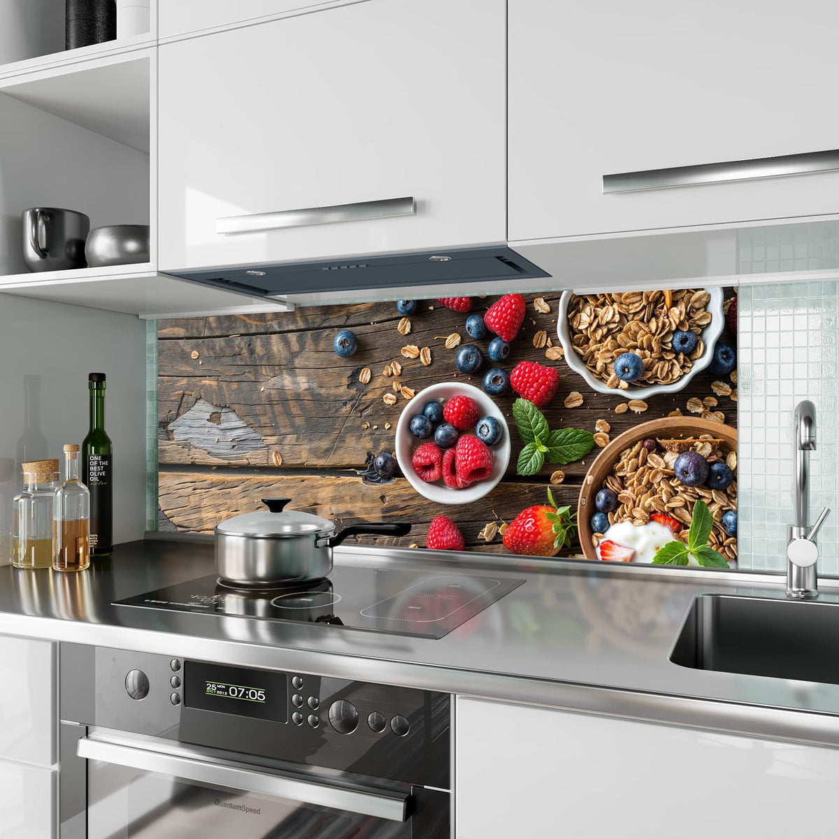 Küchenrückwand aus Glas Müsli und Joghurt im Hochformat als Spritzschutz hinter dem Kochfeld, über dem Fliesenspiegel montiert