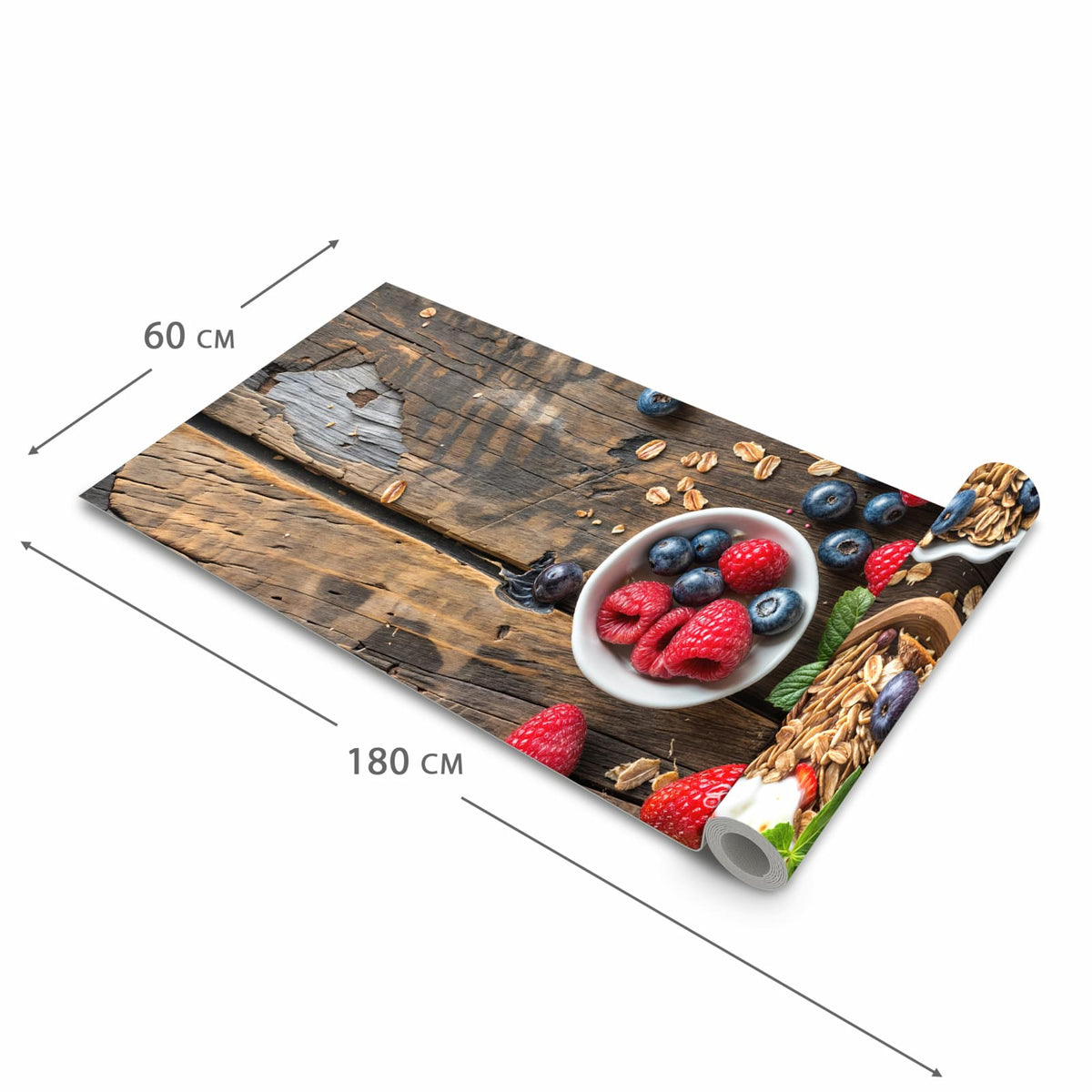 Abwaschbarer Küchenläufer mit Motiv Frühstück Müsli in der Größe 80x280 cm für angenehme Haptik