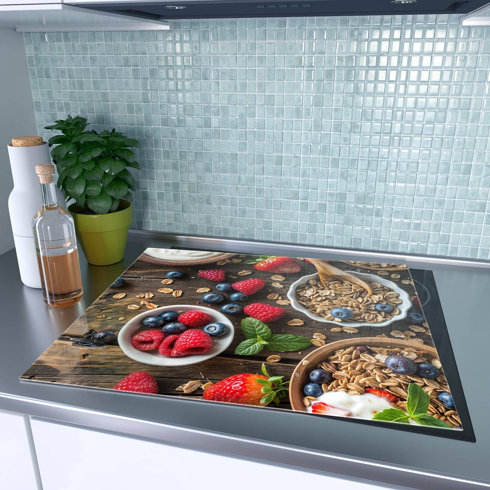 1-teilige Abdeckplatte Induktionsherd mit Frühstück Müsli-Motiv auf dem Ceranfeld