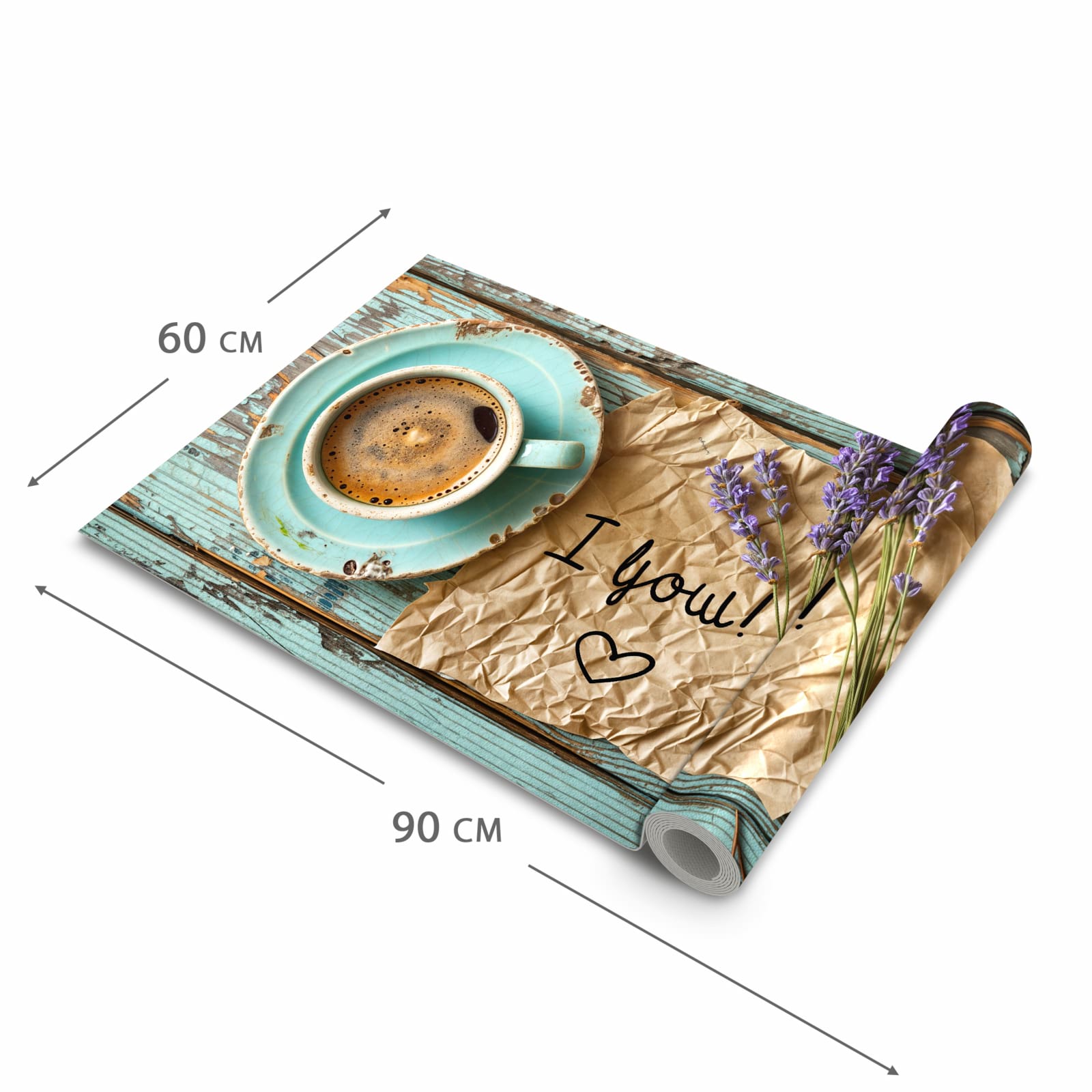 Fleckenresistenter rutschfester Küchenläufer mit Motiv Tasse und Lavendel in der Größe 80x280 cm