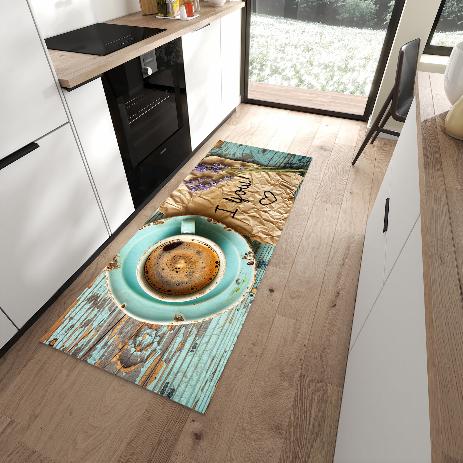 Geruchsneutraler Bodenläufer Teppich mit Motiv Tasse und Lavendel in moderner Küche